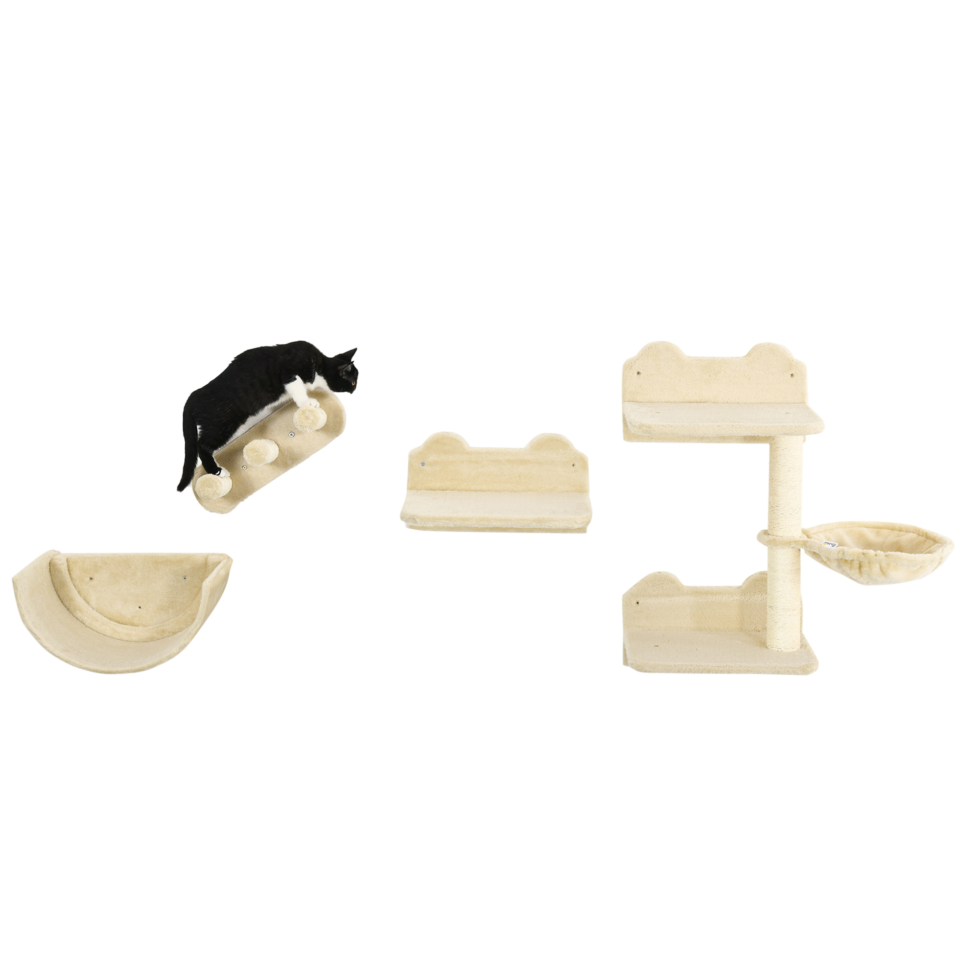 Kletterwand-Set für Katzen, 4-teilig, mit Katzentreppe, Hängematte, Plattform und Kratzbaum, Beige