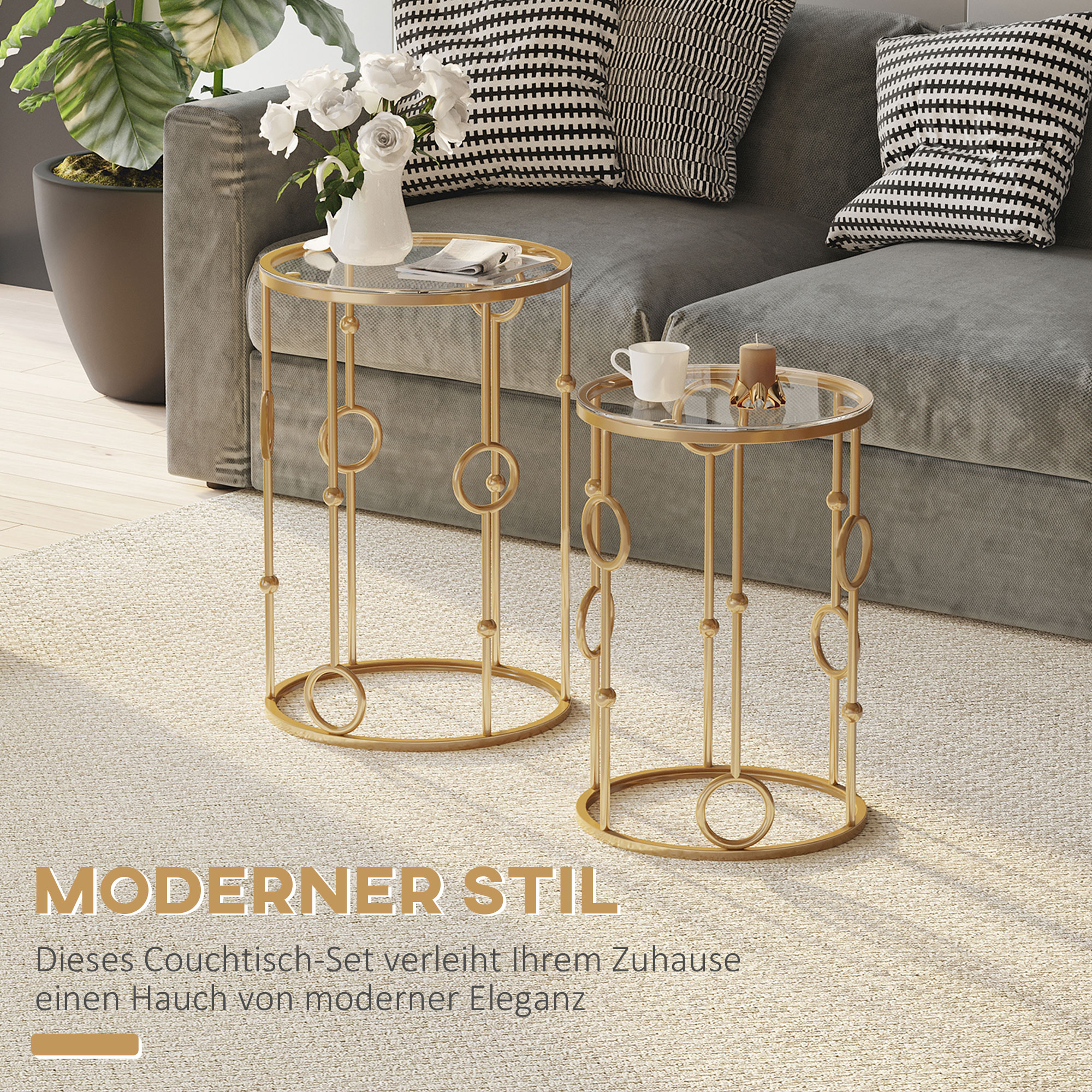 2er-Set Couchtisch, Beistelltisch mit Glasplatte, Wohnzimmertisch mit Reifen- und Kugeldesign Ø41 x 57 cm, Gold