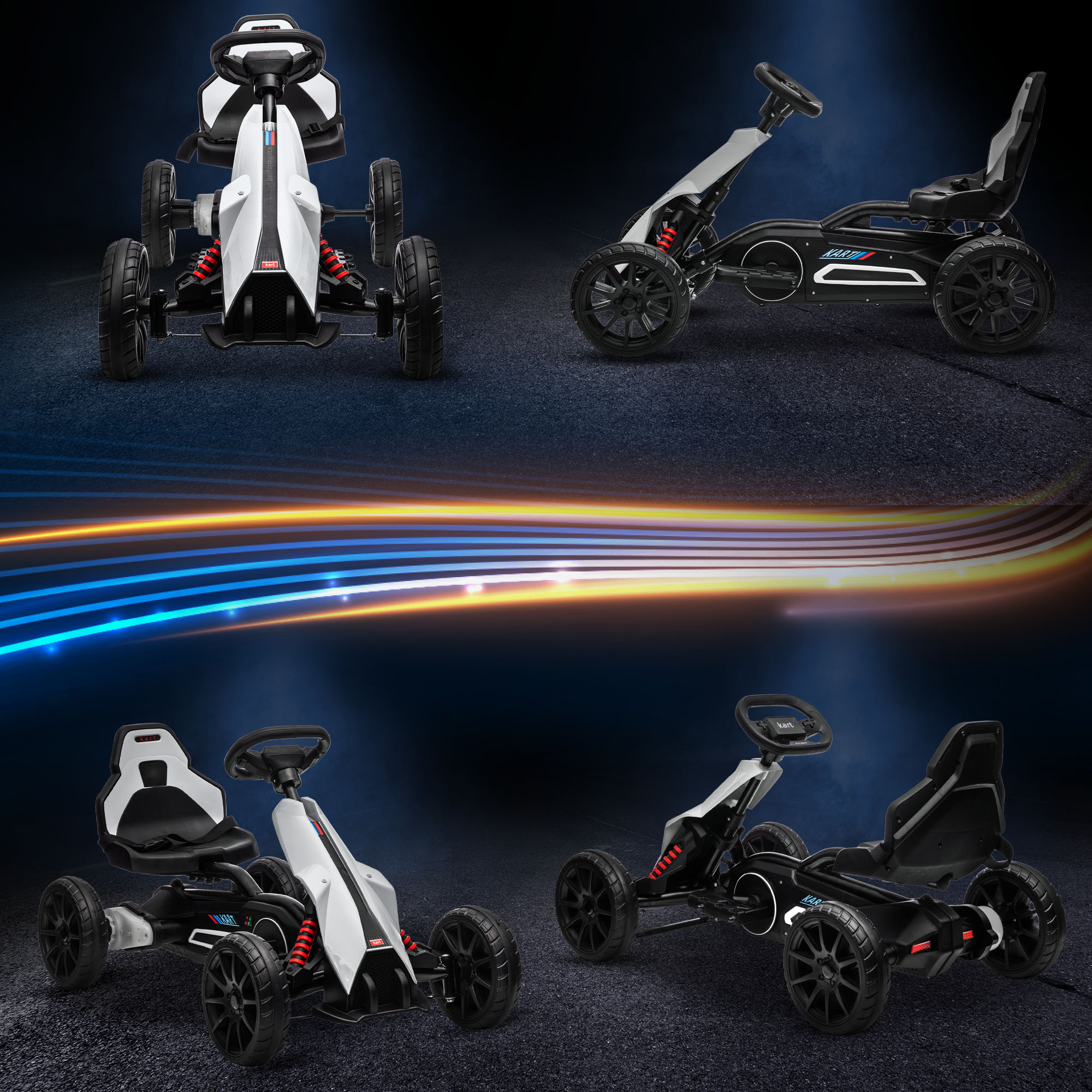 Go-Kart für Kinder, Elektro-Kart, bis 5 km/h, Sicherheitsgurt, Sitz mit Rückenlehne, Kunststoff, Metall, Weiß