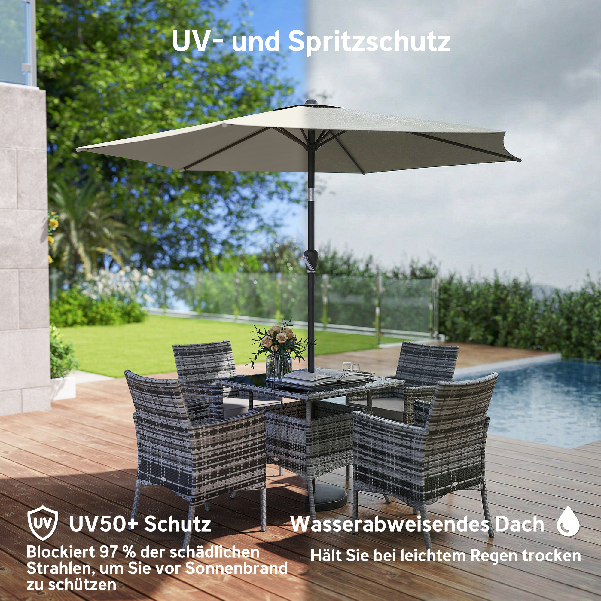 Sonnenschirm 270 cm knickbar Balkonschirm mit Kurbel UV 50+ Gartenschirm Cremeweiß