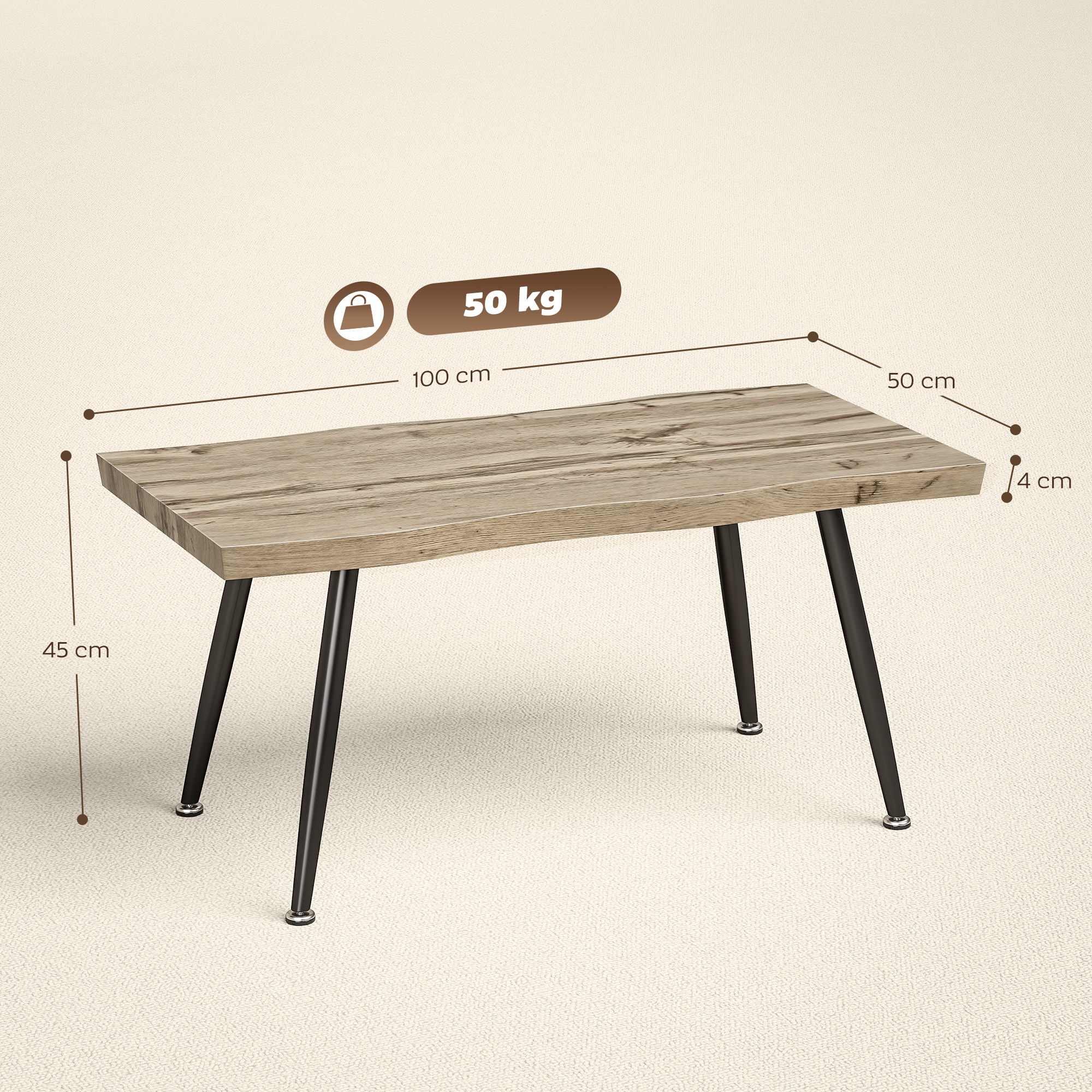 Couchtisch Beistelltisch mit Stahlbeine, 4 cm dicker Tischplatte Wohnzimmertisch 100 x 50 x 45 cm Eiche+Schwarz