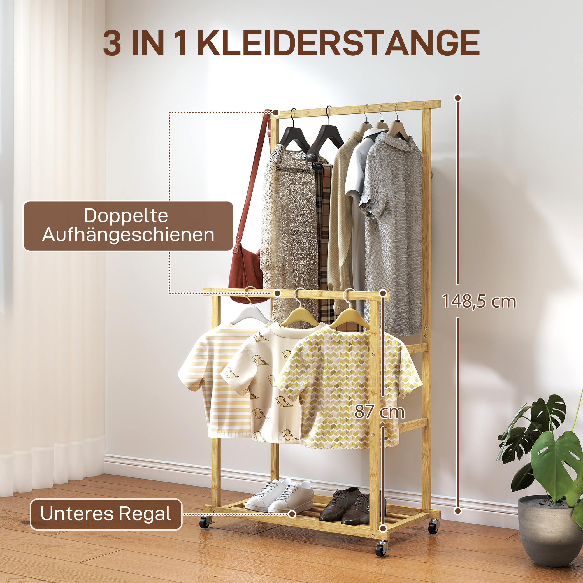 Kleiderständer mit Rollen, Garderobenständer mit Kleiderstange, Schuhablage, aus Bambus, 80 x 40 x 160 cm, Natur