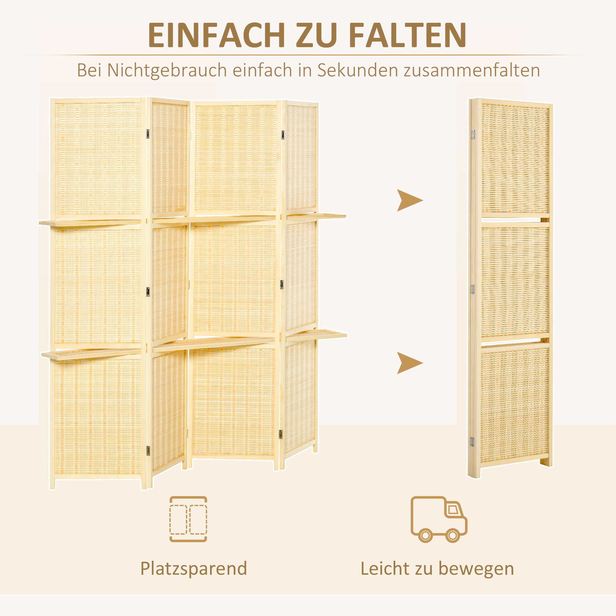 Raumteiler, Raumtrenner aus Bambus, 2 Regale, faltbar, Fußpads, Natur