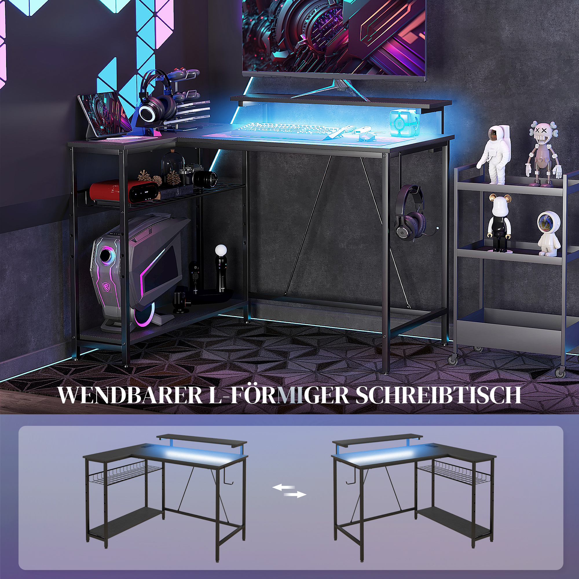 Schreibtisch L Form mit LED, Steckdosen, USB, Umkehrbar Computertisch mit Regal, 107 x 80 x 90 cm, Schwarz