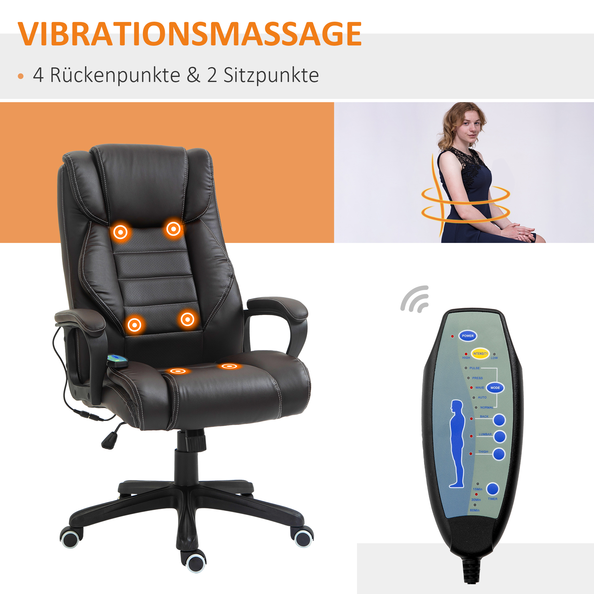 Bürostuhl mit Massagefunktion, höhenverstellbarer Chefsessel, ergonomischer Drehstuhl, 6 Vibrationspunkte, Braun
