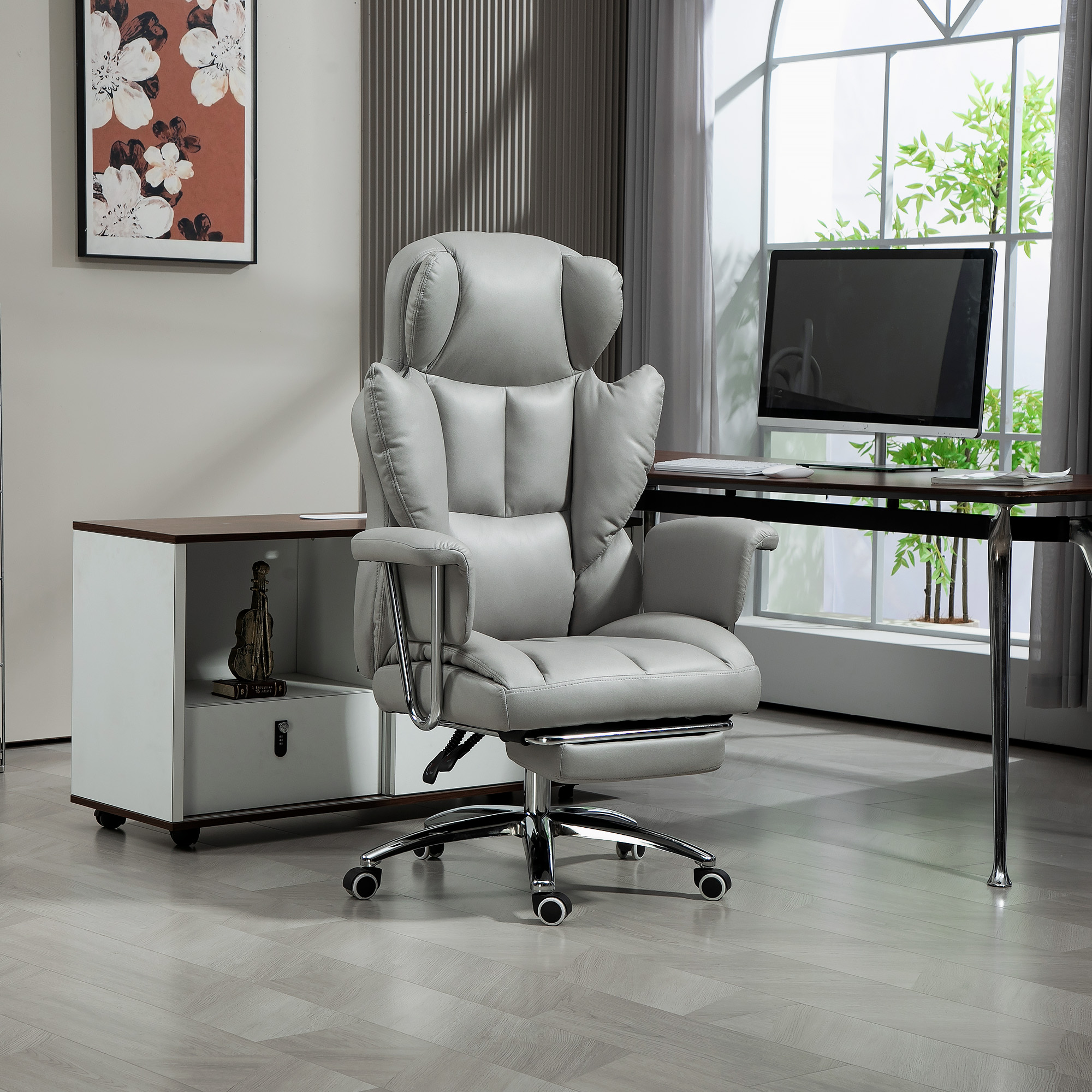 ergonomischer Bürostuhl, gepolstert, mit Fußstütze, verstellbarer Lehne, 360° drehbar, Hellgrau