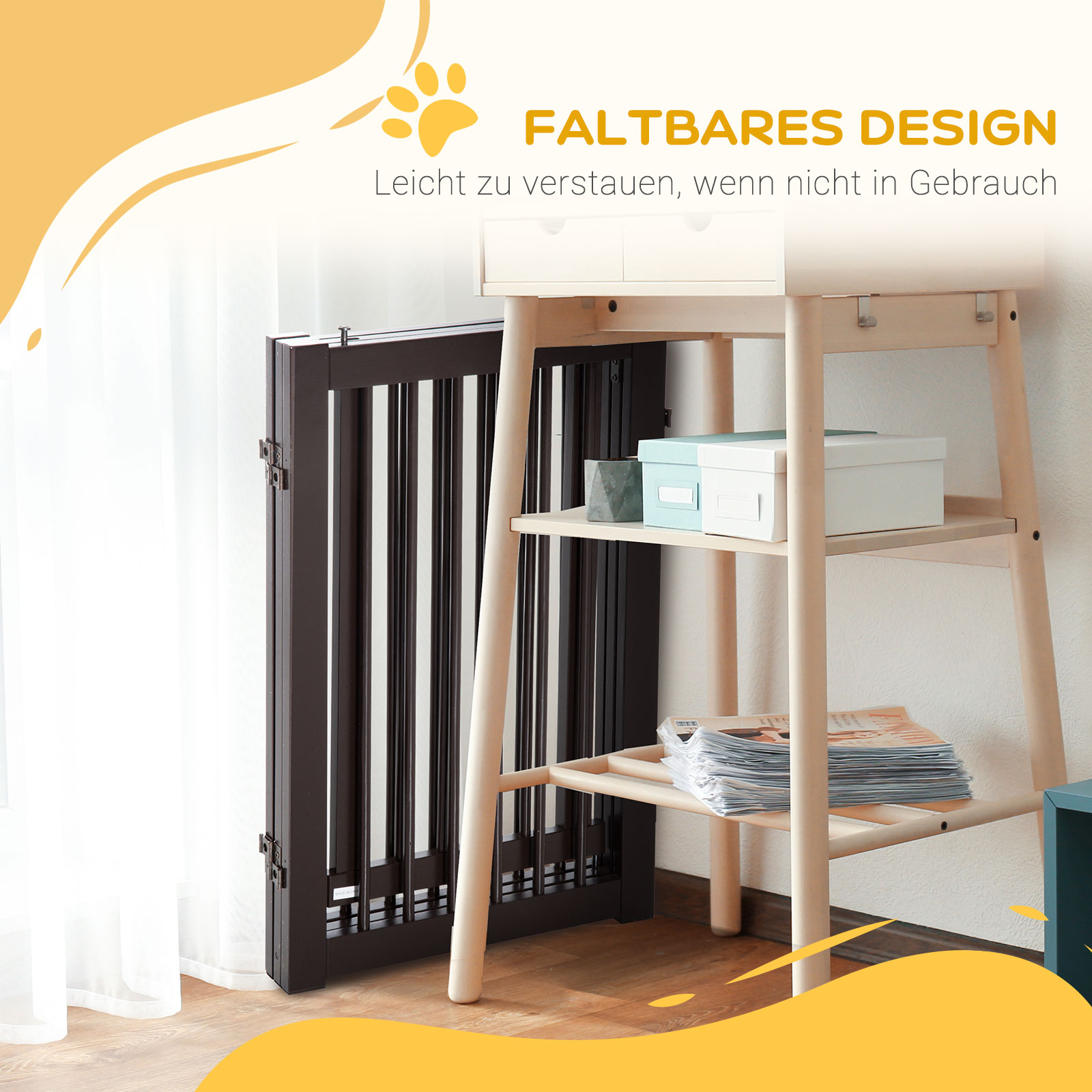 Absperrgitter Hund Freistehendes Verstellbares Schutzgitter mit Füßen 155 x 76 cm Holz Hundegitter Klappbar Treppenschutzgitter für Treppen, Türen, Küche, Flur, 3 Paneelen, Dunkelbraun