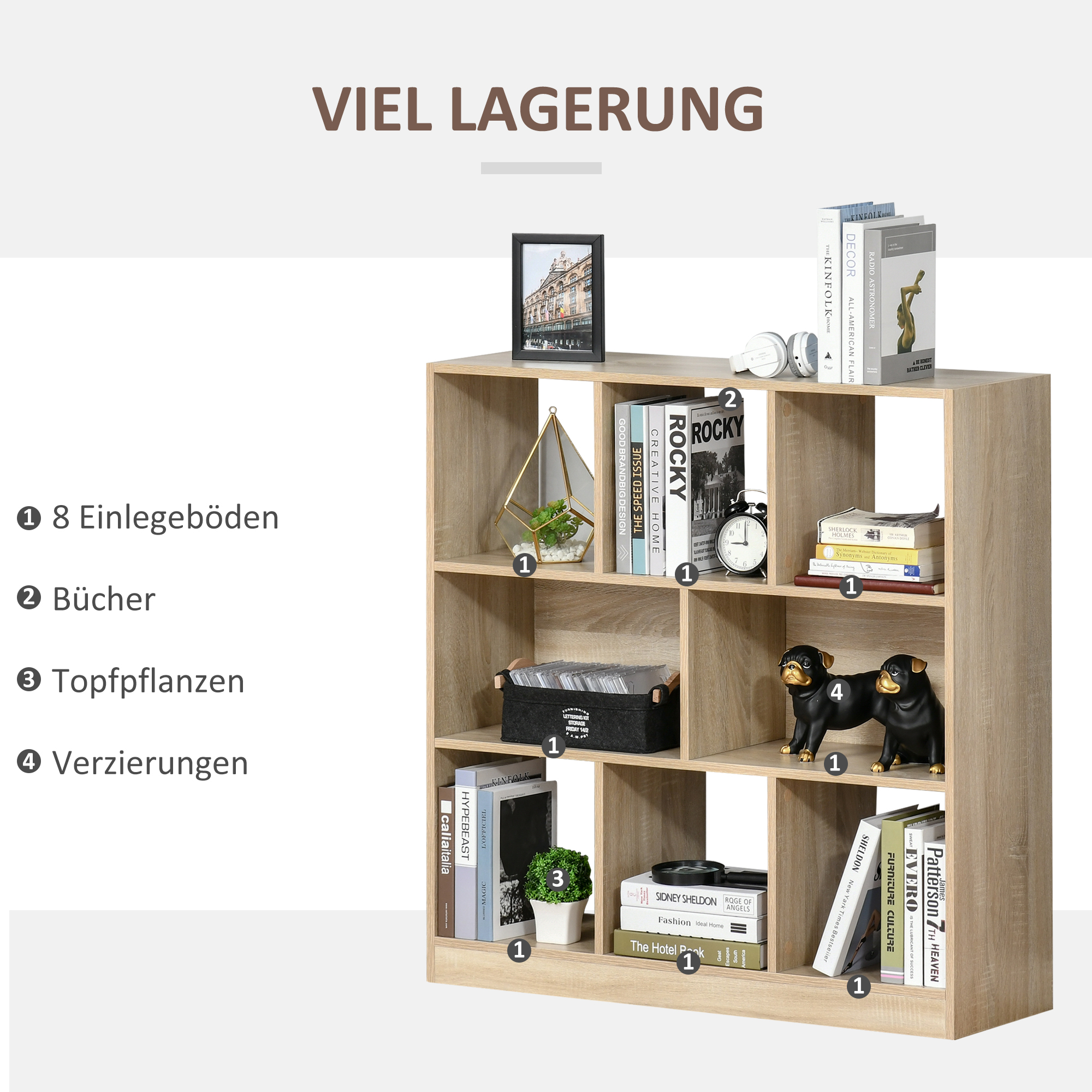 Bücherregal Regal Standregal, 8 Regalfächer, 97,5 x 30 x 100 cm, Eichen-Optik