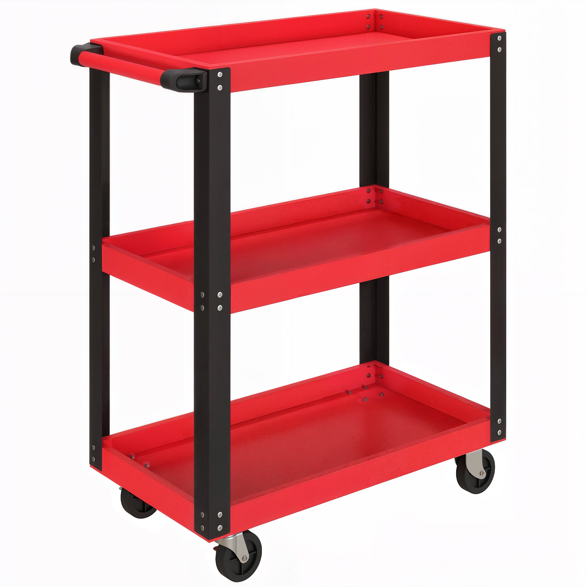 Werkzeugwagen mit 3 Ebenen, Metallrahmen, 120 kg Belastbarkeit, Rollen, Griff, Rot