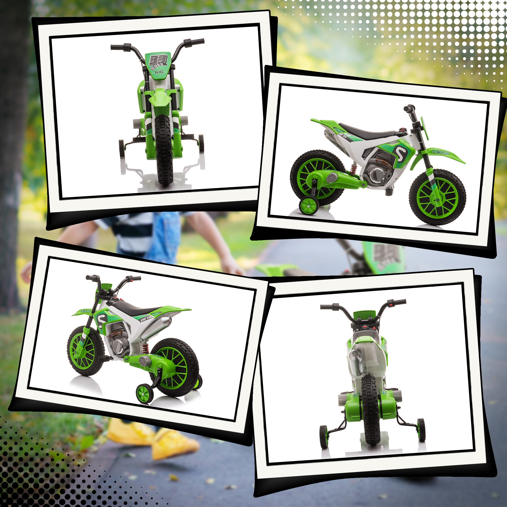 Kindermotorrad, mit Stützrädern, ab 3 Jahre, grün & weiß
