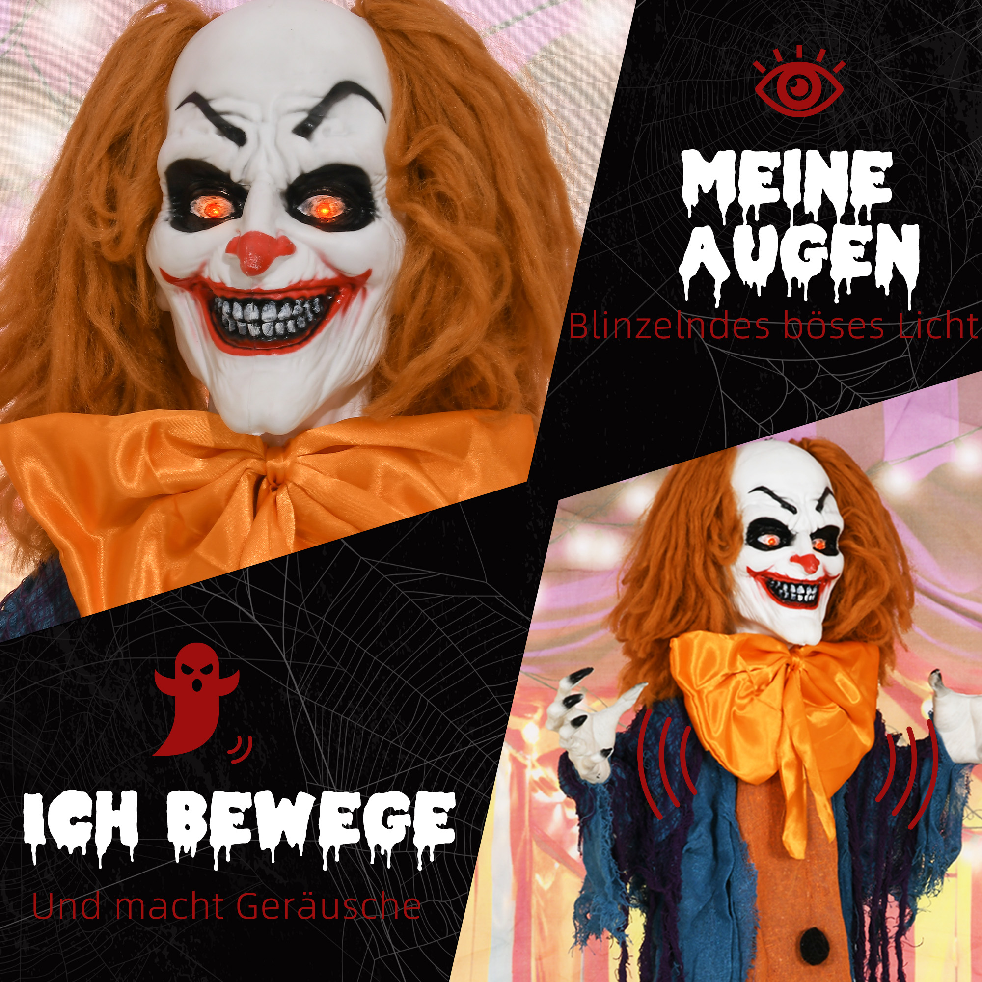 Horrorclown, Helloweendeko, aktiviert mit Geräusche/Berührung, rote Augen, Sound, 168 cm