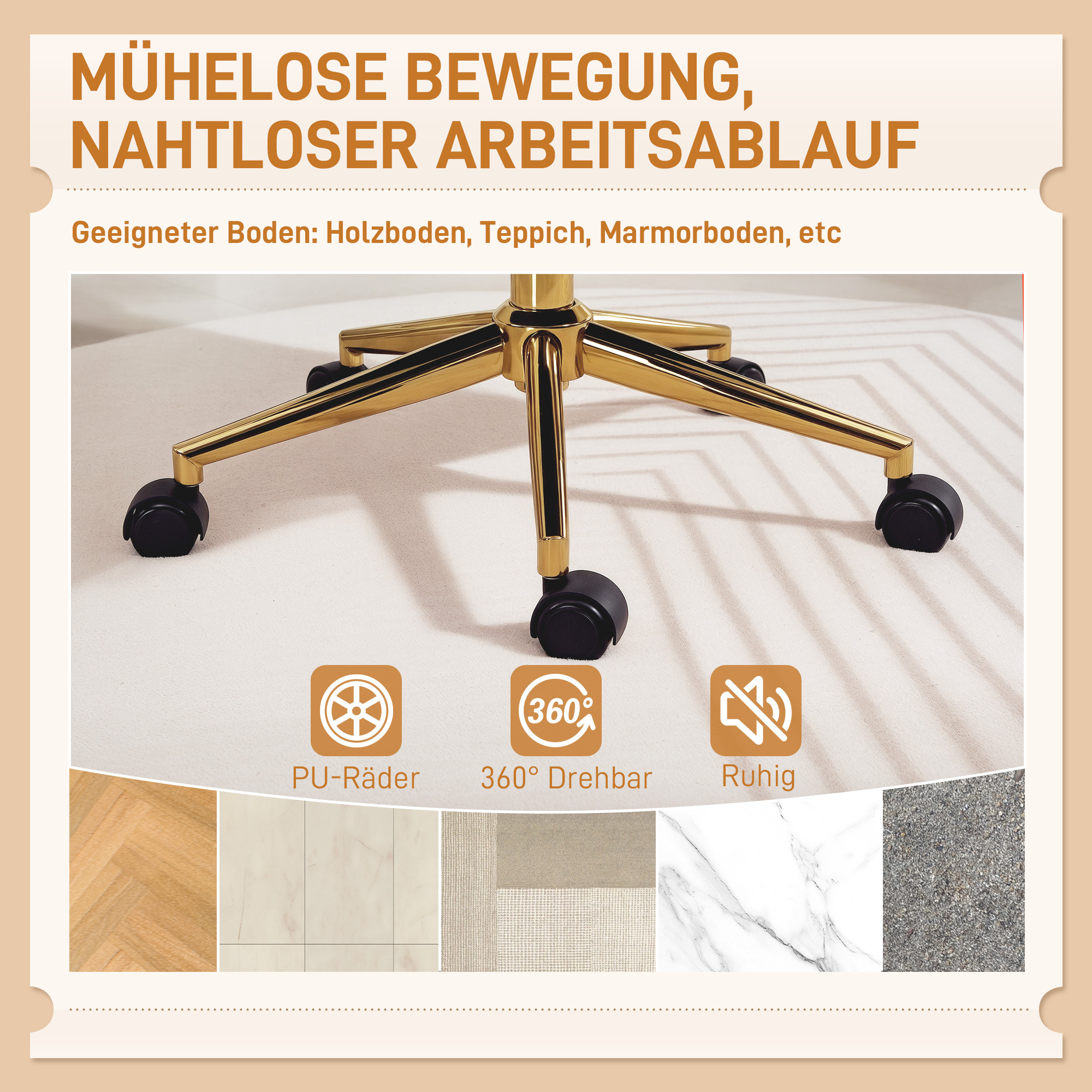rollbarer Schreibtischstuhl mit Bezug in Samtoptik, höhenverstellbarer Bürostuhl, Kippfunktion, Cremeweiß