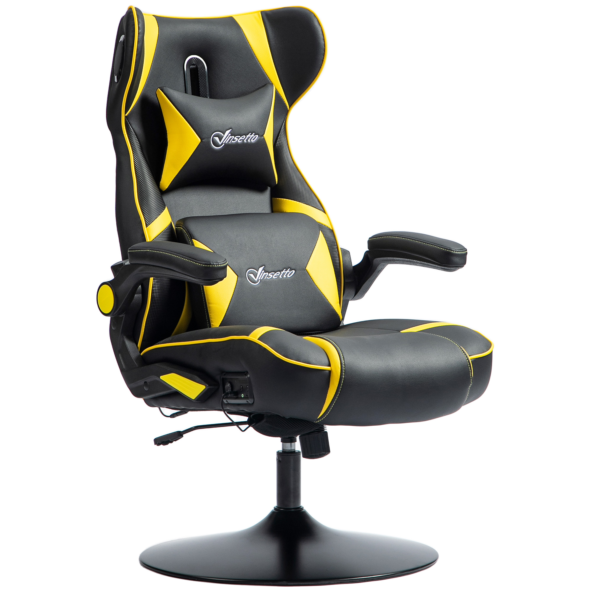 Gaming Stuhl mit Schaukelfunktion und Lautsprecher, Lenden- und Nackenstütze, für Spielzimmer, Kunstleder, Gelb+Schwarz