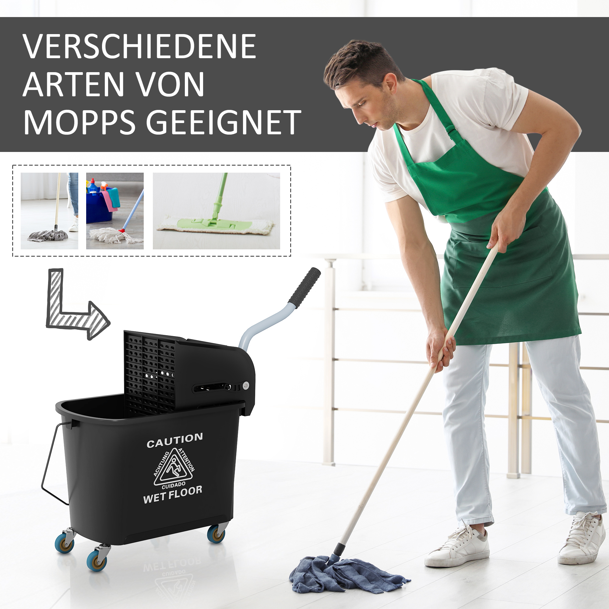 20l Mopp-Eimer mit Auswringer und Griff, Wischmopp-Eimer auf Rädern, Kunststoff, Schwarz