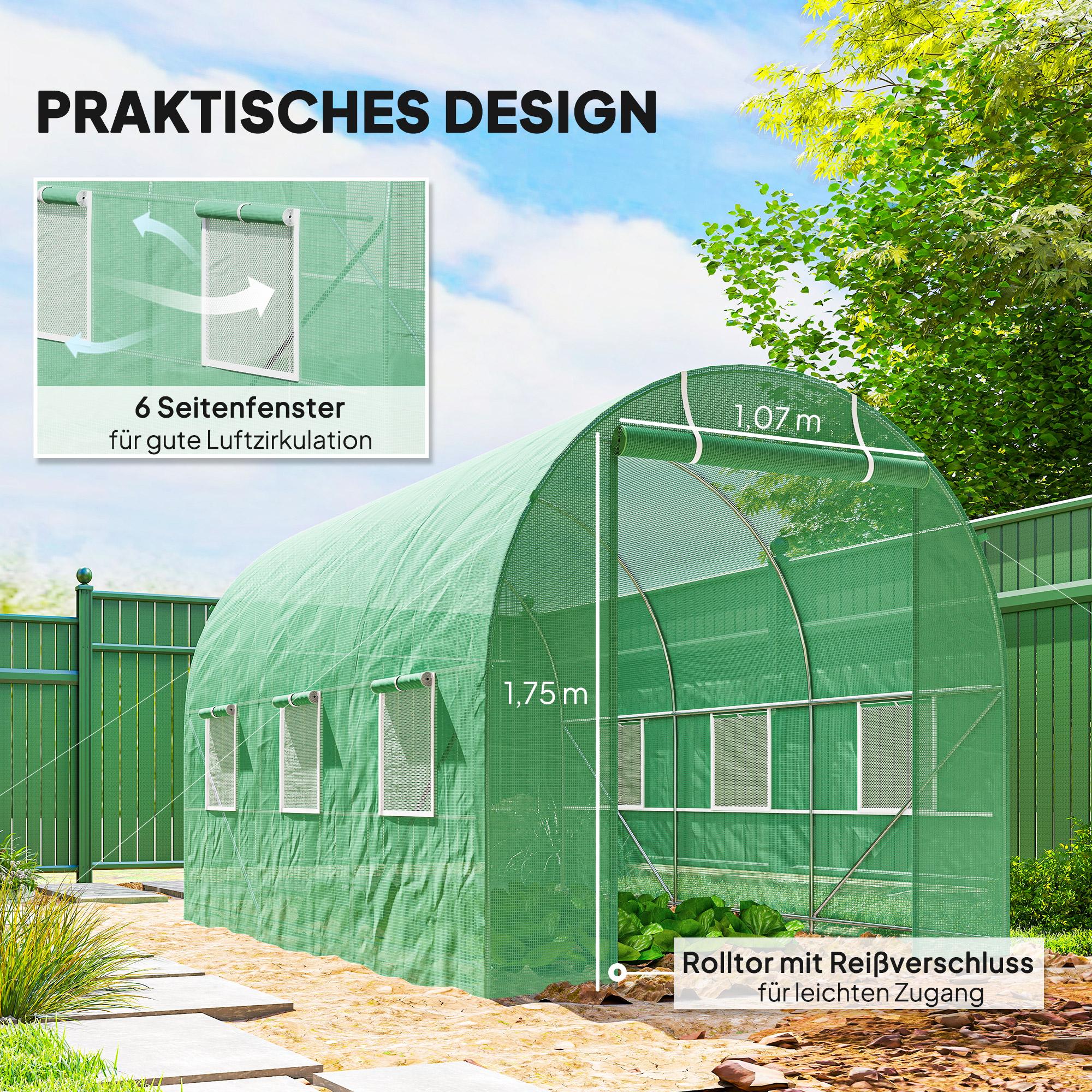 Gewächshaus 350x200x200cm Foliengewächshaus Tomatenhaus mit Tür, 6 Fenster, Folientunnel aus verzinktem Stahl, PE, stabiles Treibhaus Pflanztunnel, inkl. Erdanker & Seilen, Grün