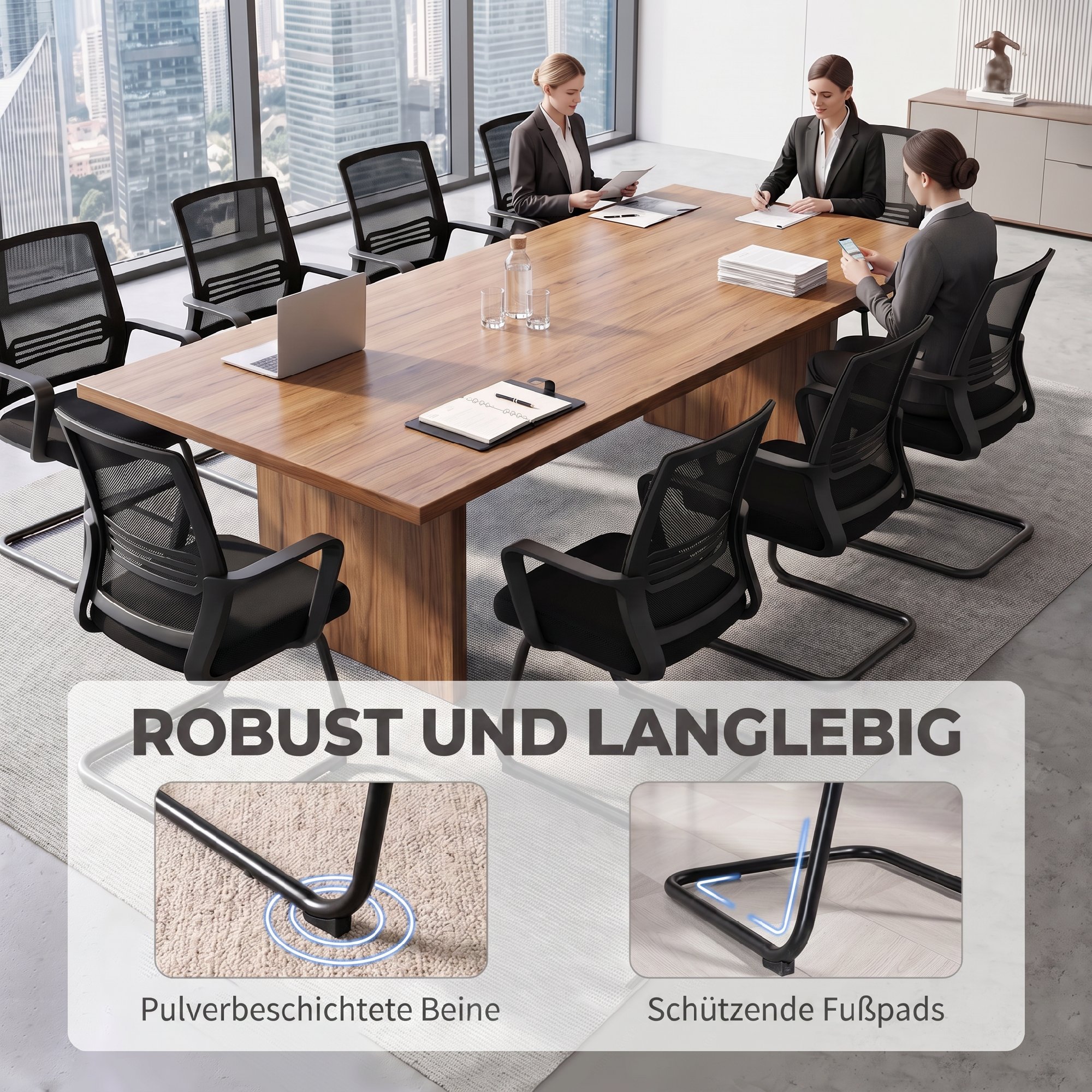 2er-Set ergonomische Schreibtischstühle ohne Rollen, gepolsterte Konferenzstühle mit Kufengestell für Wartezimmer und Empfang, Schwarz