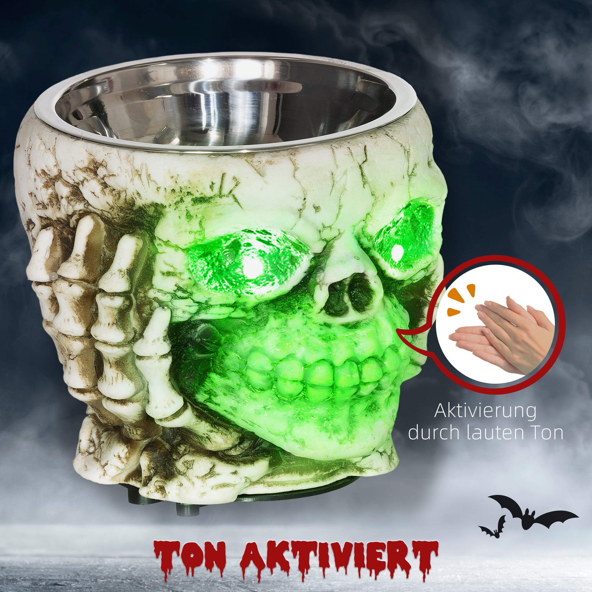 Halloweendekoration, Skelett-Süßigkeitenschale, leuchtende Augen, unheimliches Heulen, Grau/Schwarz