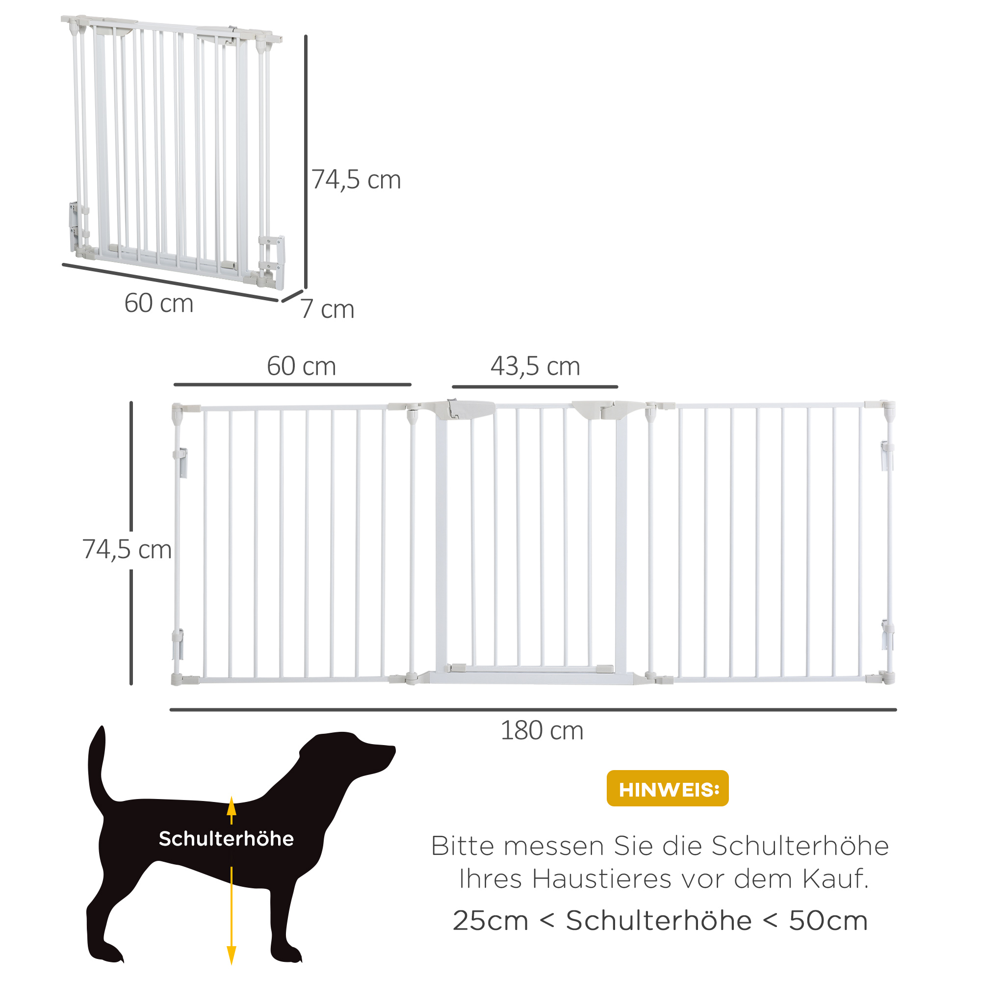Absperrgitter Hund Freistehendes Schutzgitter 180 x 74,5 cm Hundegitter Klappbar Türschutzgitter Treppengitter Hundeabsperrgitter für Treppen, Türen, Küche, Flur, 3 Paneelen, Weiß