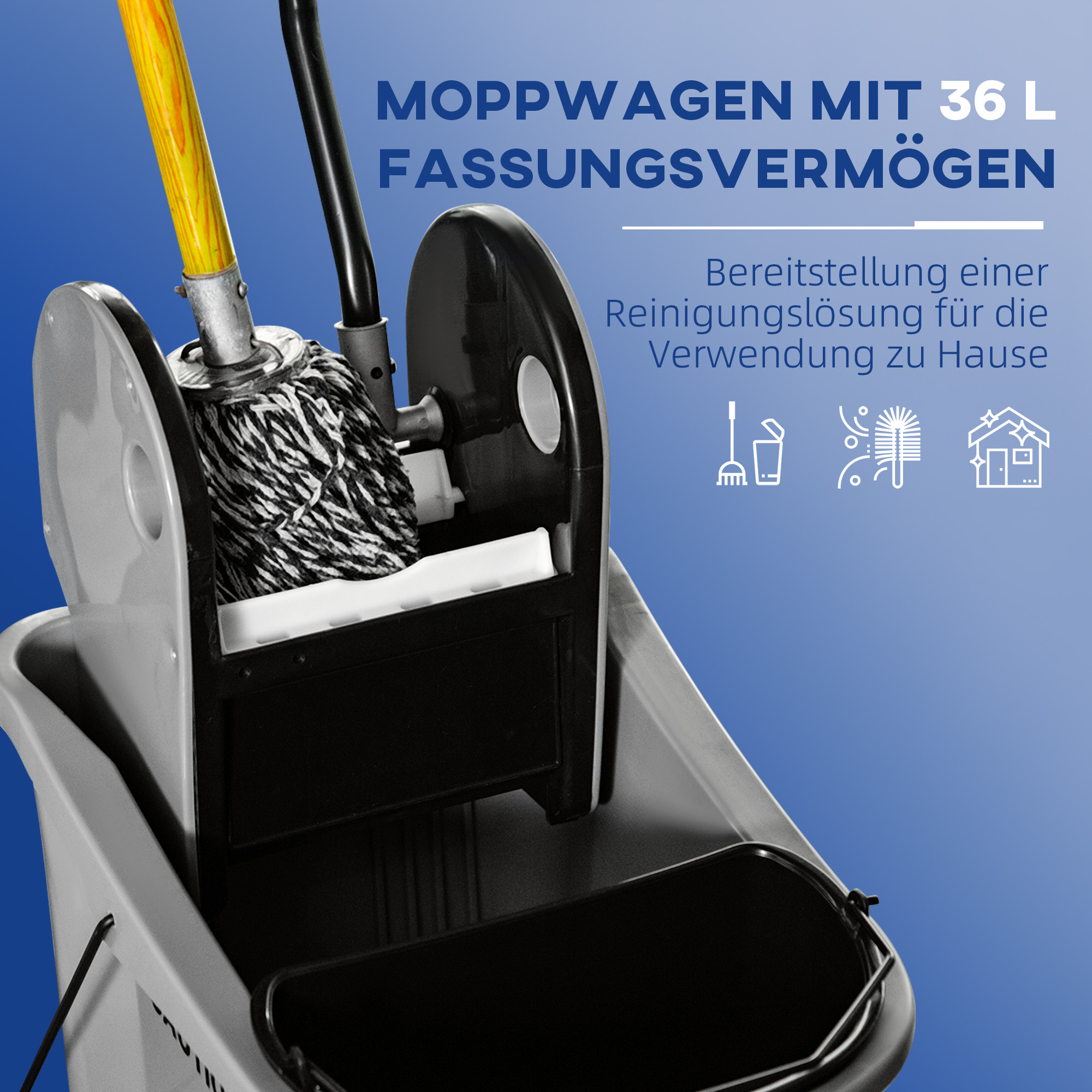 Wischwagen mit Mopp-Presse, 36L, Wassertrennwand, 4 Rollen, Schwarz/Grau