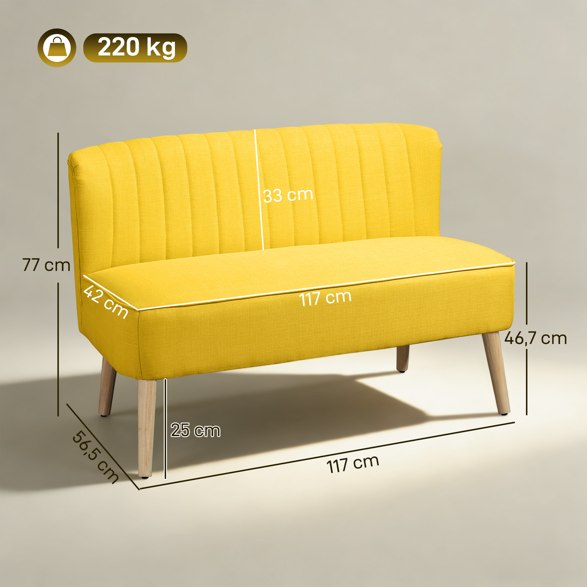 2-Sitzer Sofa, weiche Polsterung, pflegeleichter Bezug, bis 220 kg, 117 x 56,5 x 77 cm, Gelb