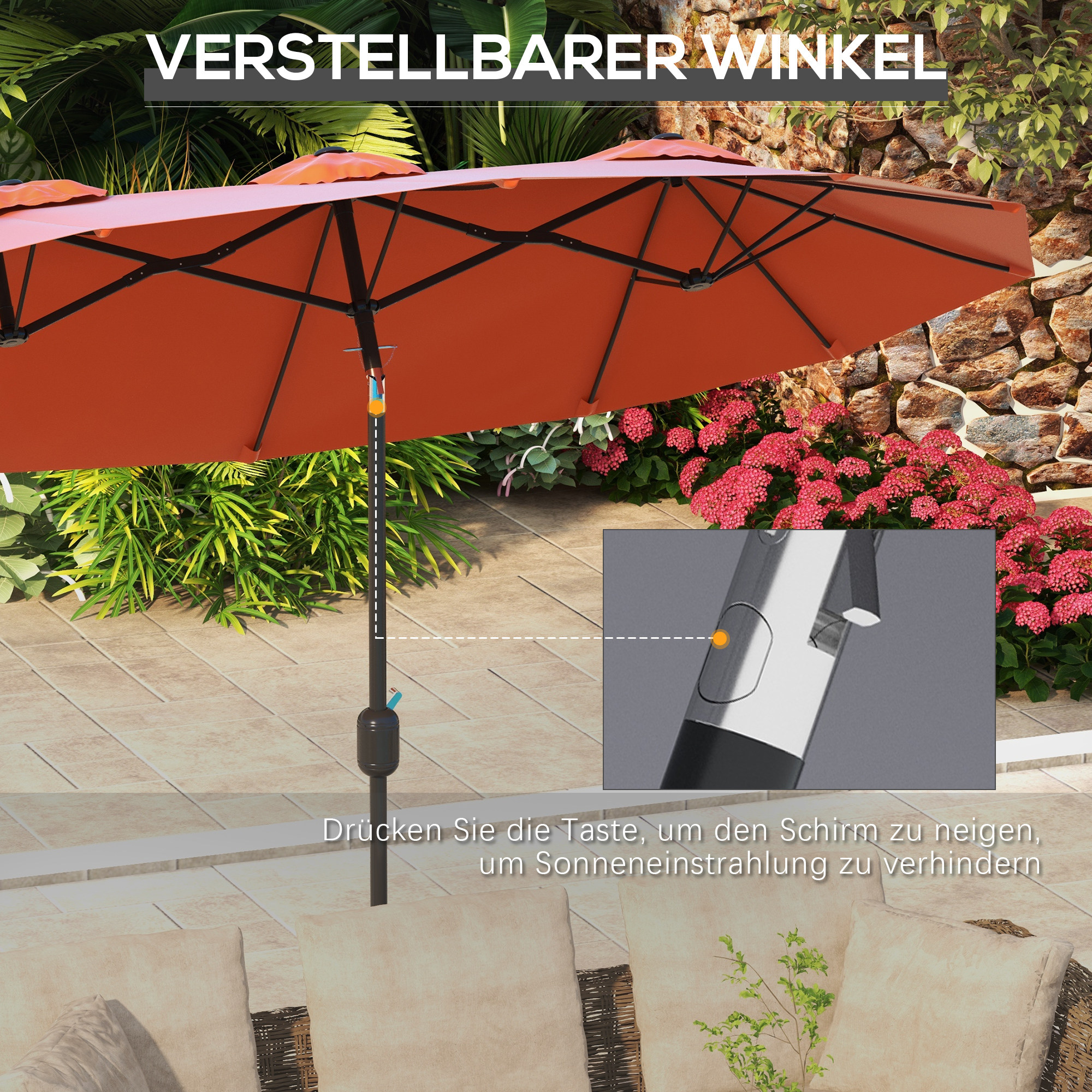 Sonnenschirm, Gartenschirm, neigbar, mit Handkurbel, Winddach, Polyester+Stahl, Weinrot, 295 x 152 cm