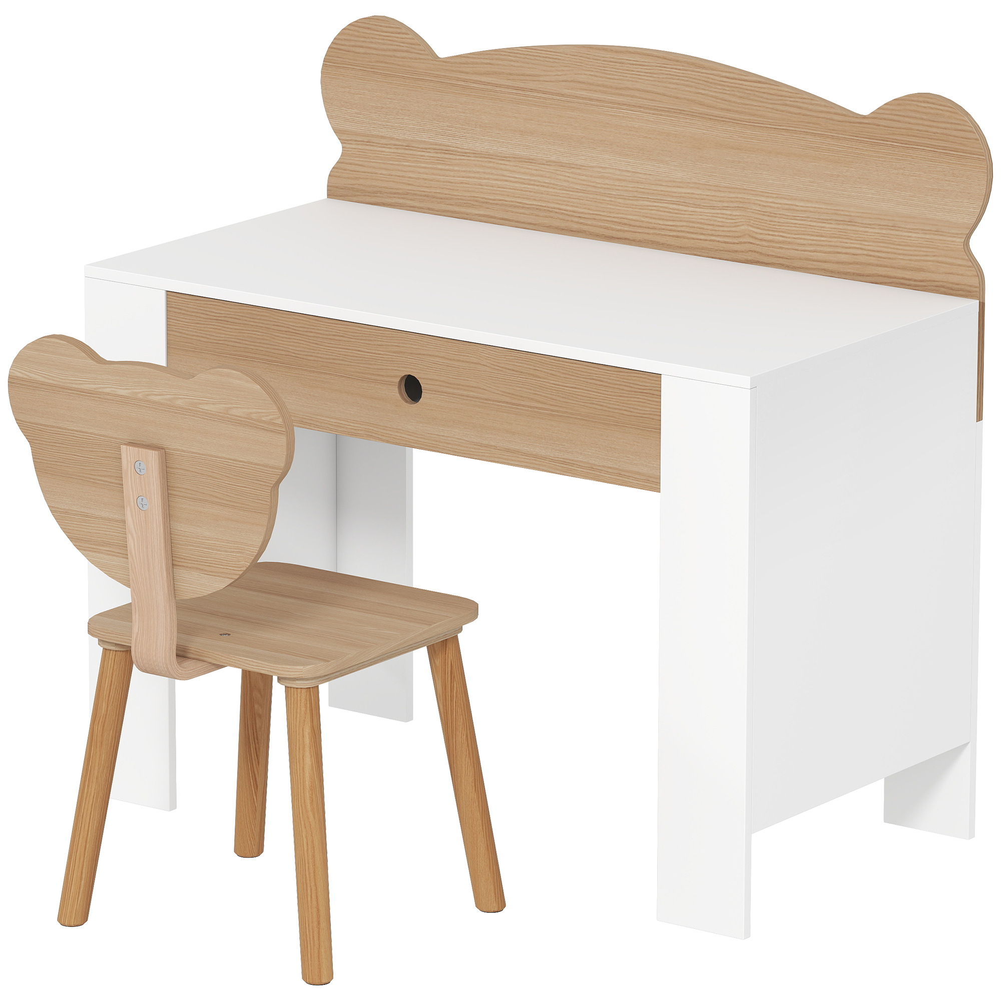 Schreibtisch-Set für Kinder, Arbeitstisch und Stuhl mit Bärenform, Schublade, zum Schreiben und Basteln, 3-8 Jahre, Naturholz