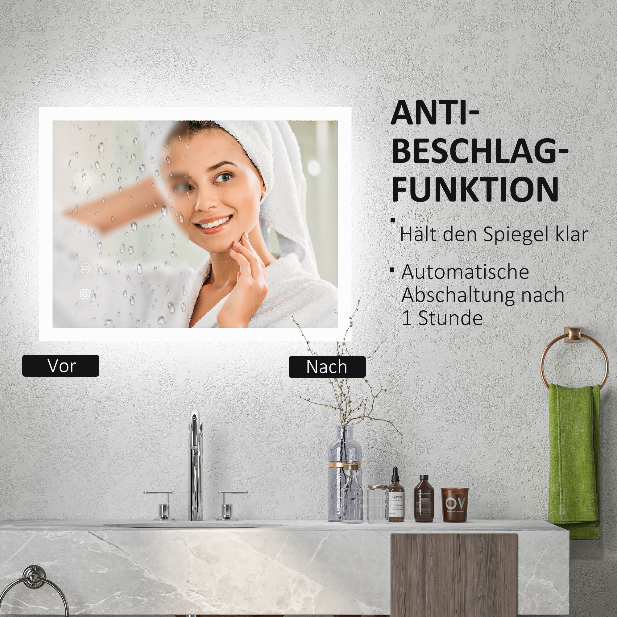 LED Badezimmerspiegel, Hintergrundbeleuchtung, Touch-Funktion, Memory-Funktion, kein Beschlagen, 70 x 50 cm
