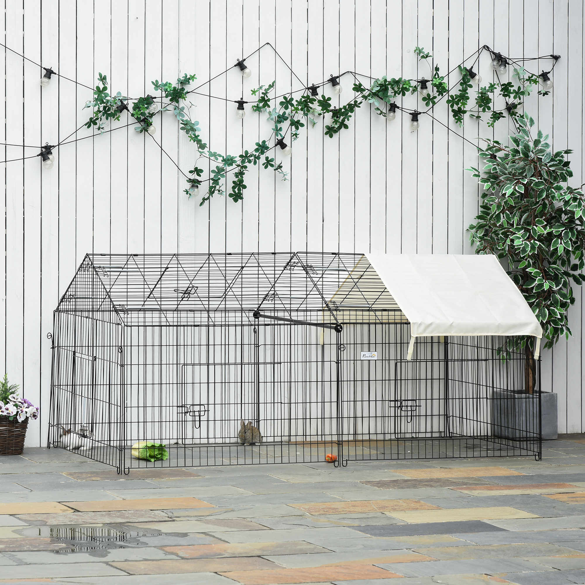 Laufgitter für Kleintiere, Außengehege, 4 Bodenspieße, 220 cm x 103 cm x 103 cm, Schwarz + Beige
