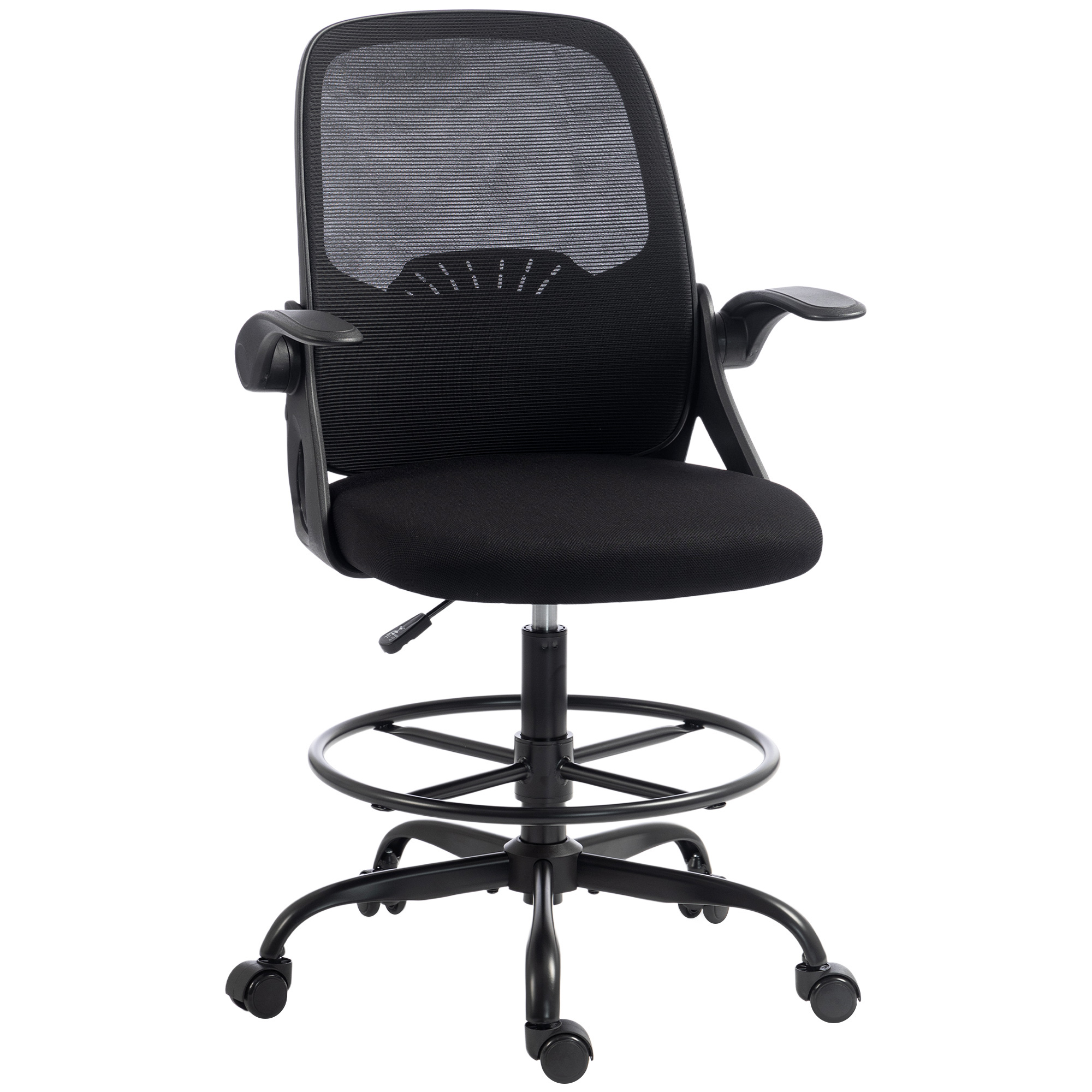 Zeichenstuhl mit verstellbarer Lendenstütze, Drehfunktion, Netzbezug, klappbaren Armlehnen, Höhenverstellung und Fußring, Schwarz