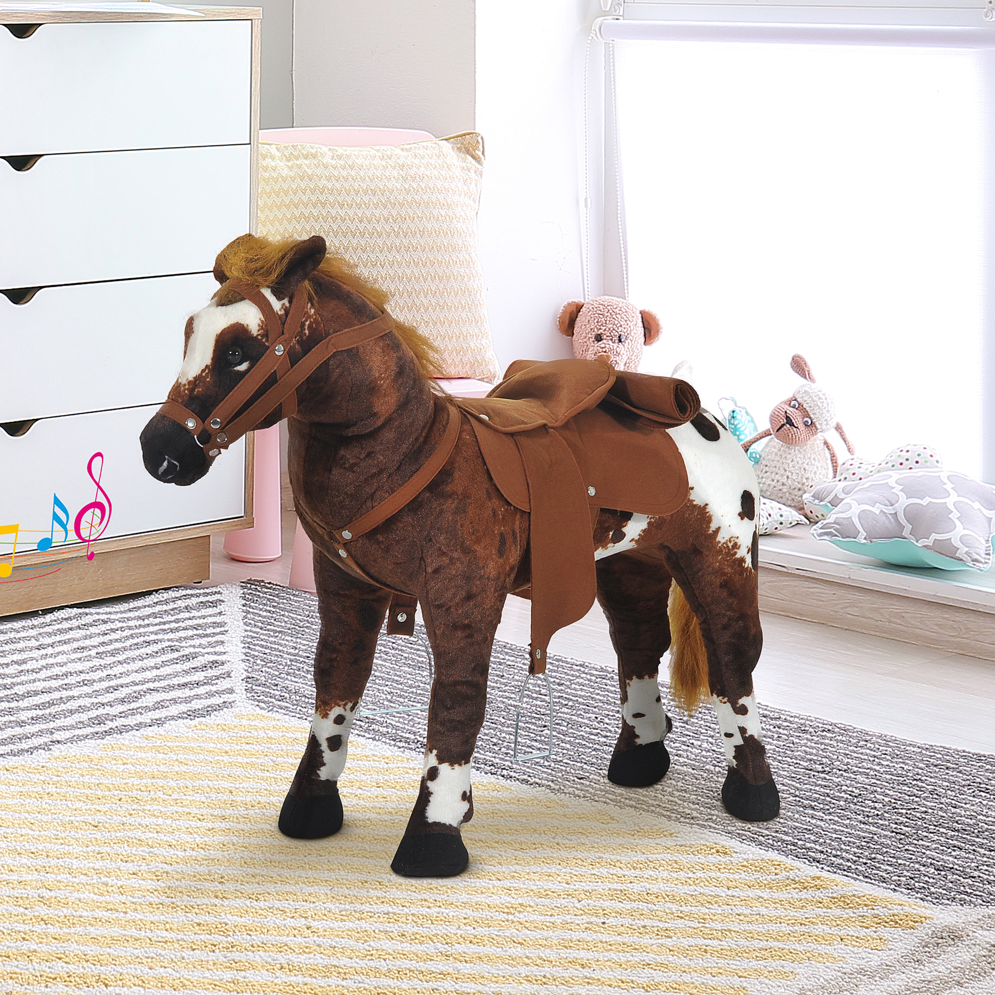 Reitpferd Spielpferd zum Reiten Stehpferd mit Sattel, Sound, Steigbügel Plüschpferd für Kinder ab 2 Jahren Braun