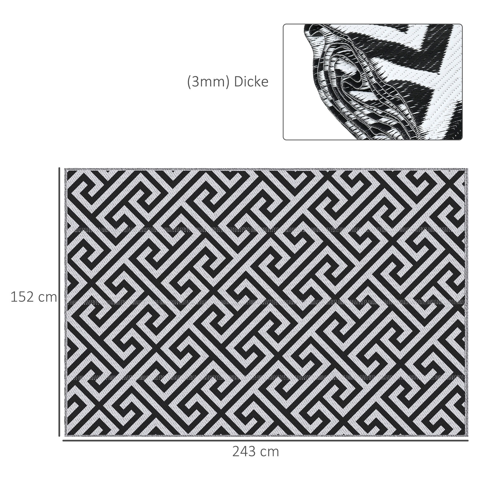 Outdoor-Teppich, beidseitig nutzbar, strapazierfähig, Rand gegen Ausfransen, schwarz+weiß, 152 x 243 cm