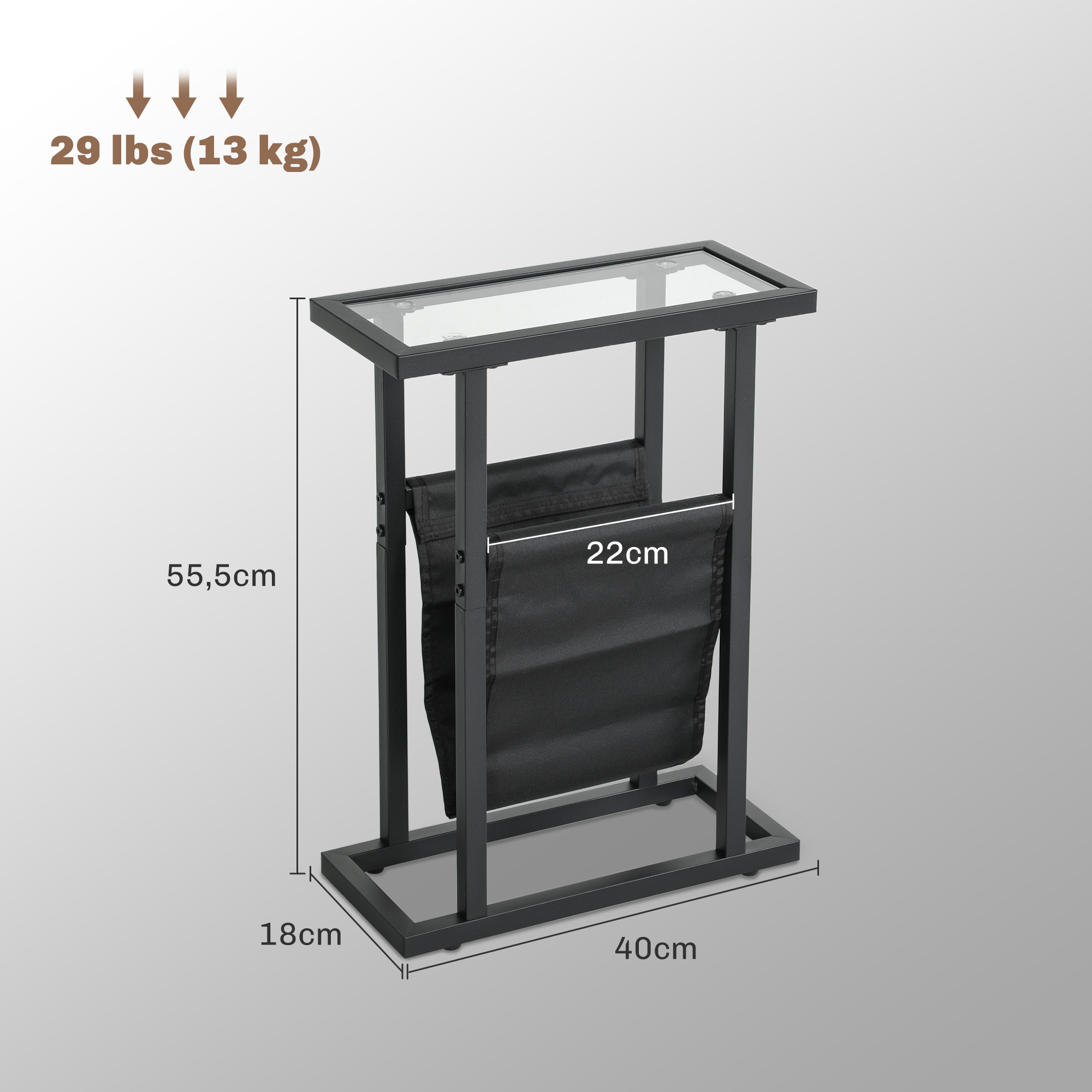 Beistelltisch aus Metall mit Stofftasche und Glasplatte, schmaler Tisch für Wohnzimmer, Schlafzimmer, Schwarz