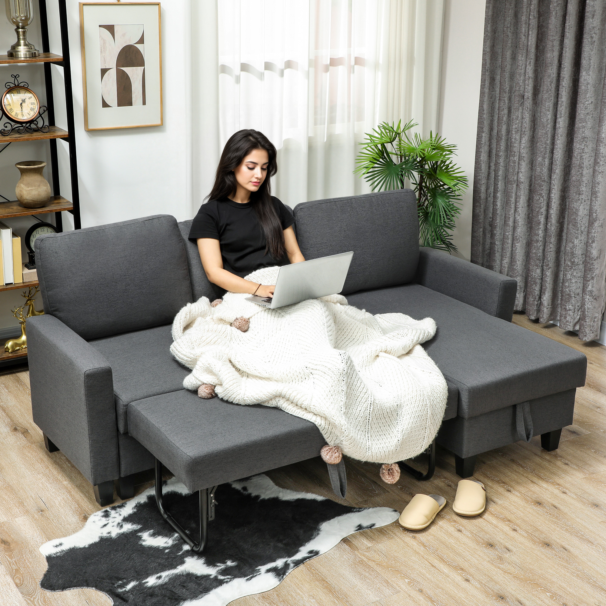 Ecksofa mit Schlaffunktion und Bettkasten L-Form Schlafsofa mit Verwandelbarer Chaiselongue, für Wohnung und Wohnzimmer