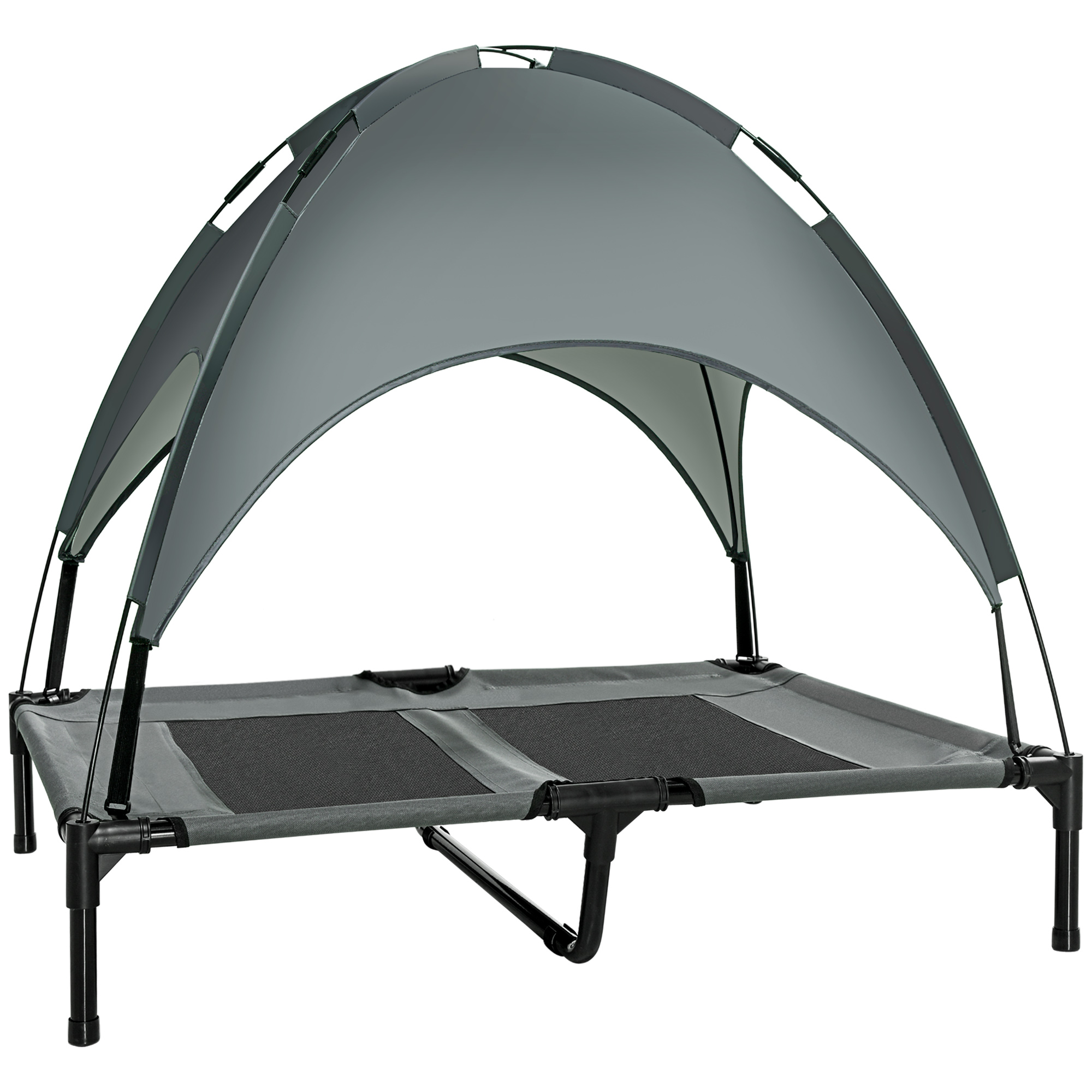 erhöhtes Hundebett mit Baldachin, Haustierbett, Hundeliege outdoor mit Dach, Atmungsaktiv, Taftstoff für Camping Grau 92 x 76 x 90 cm