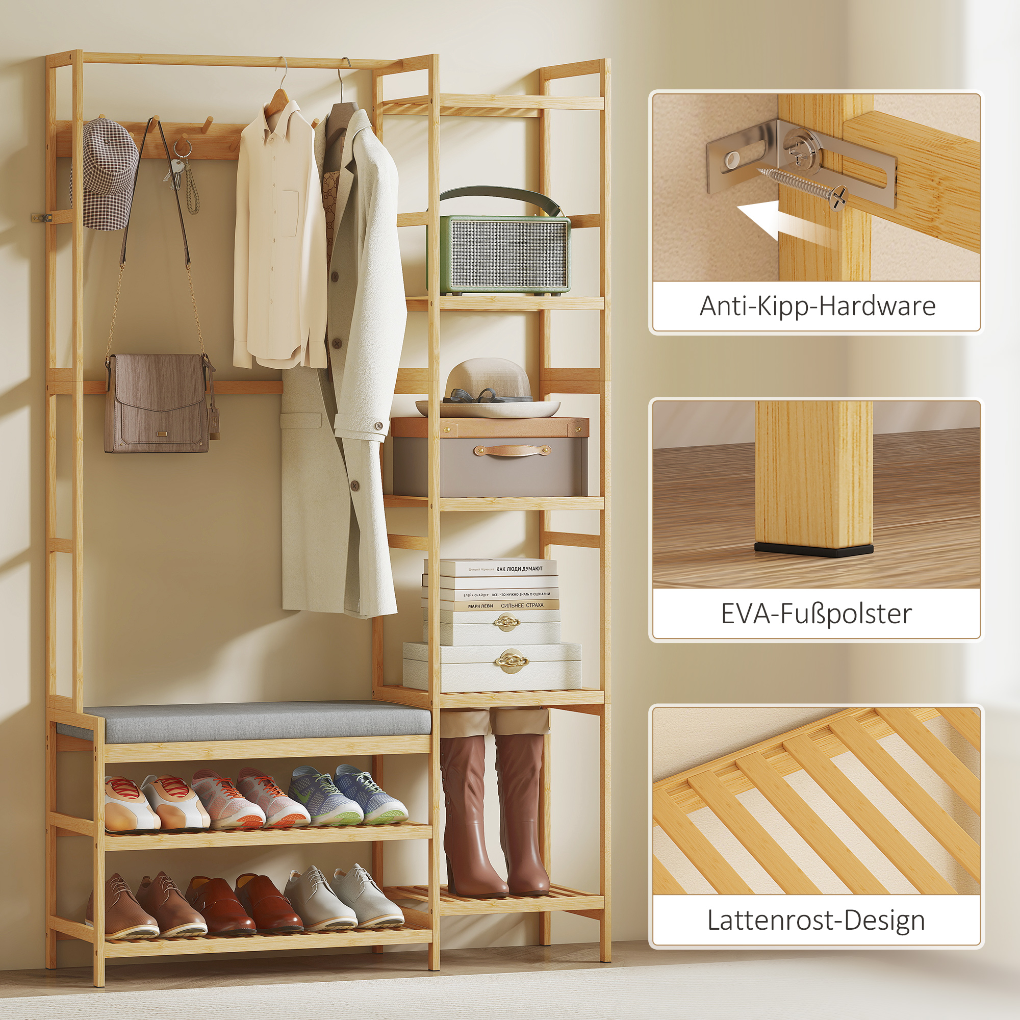 Garderobenständer mit Schuhregal, Kleiderhaken, Mantelständer, Sitzbank mit Kissen, für Flur, Eingangsbereich, Naturholz