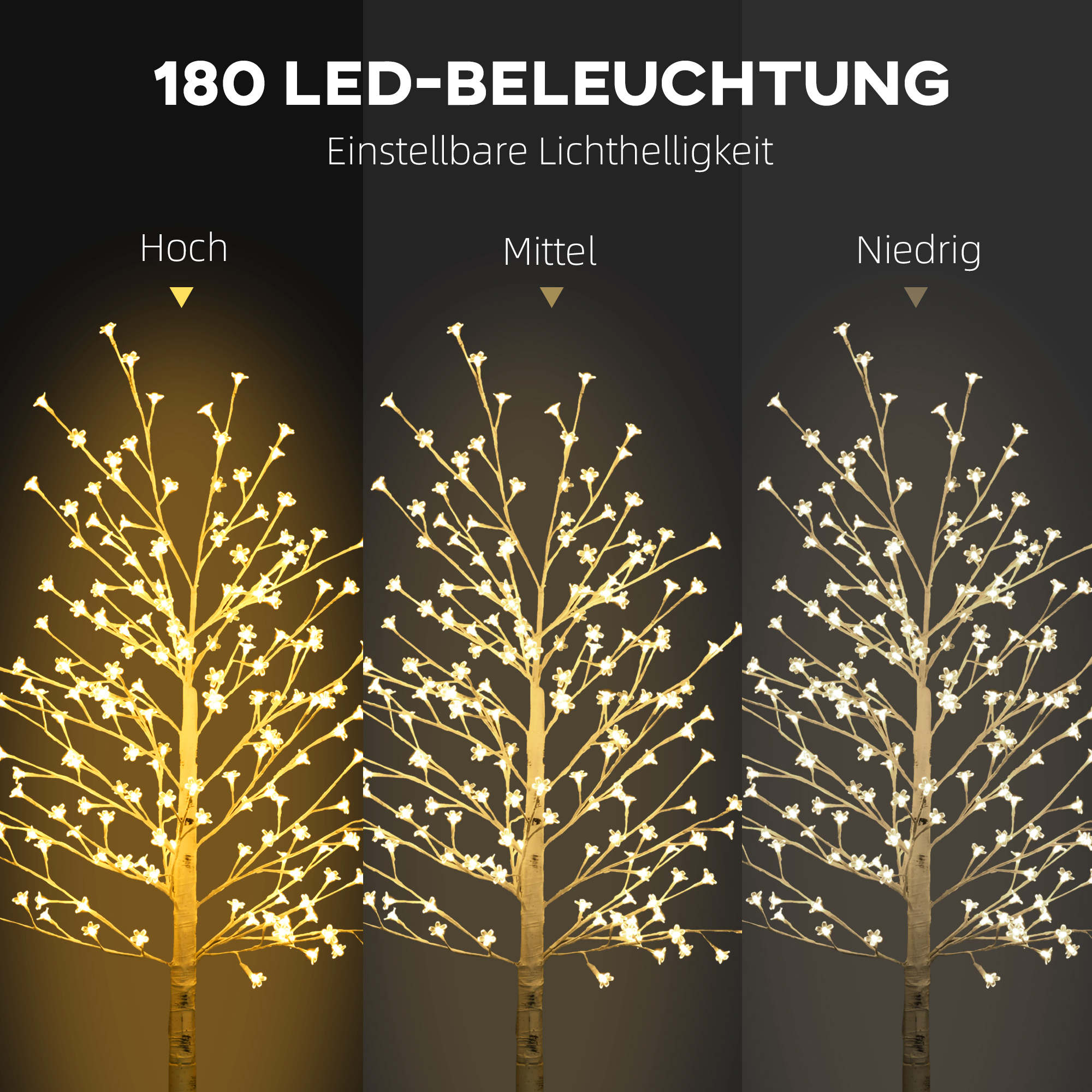 Kunstbaum, Kunstbirke, mit 180 LEDs, 3 Helligkeitsstufen, warmweiß, realistische Rinde, 21,5 x 21,5 x 180 cm