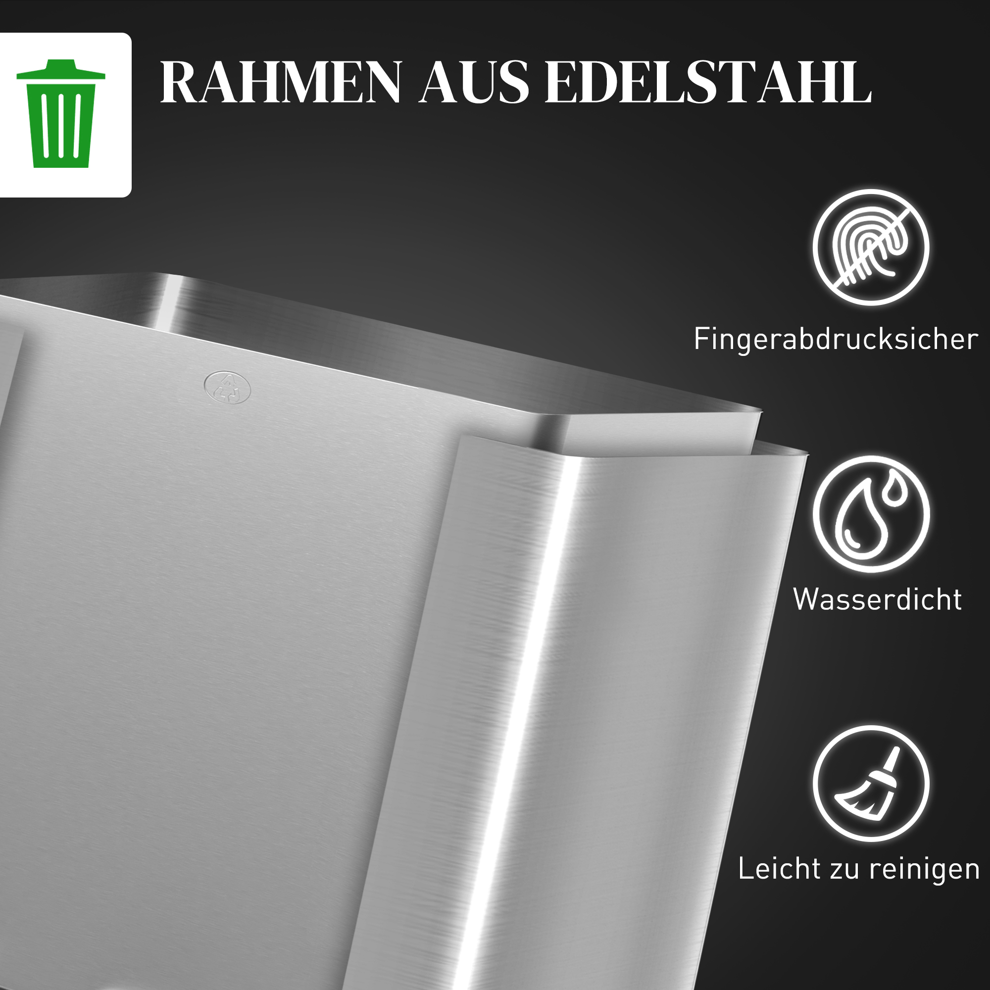 Mülleimer mit 3 x 20 L Fächern, Deodorant-Deckel, fingerabdrucksicher, Soft-Close, herausnehmbar, Silber