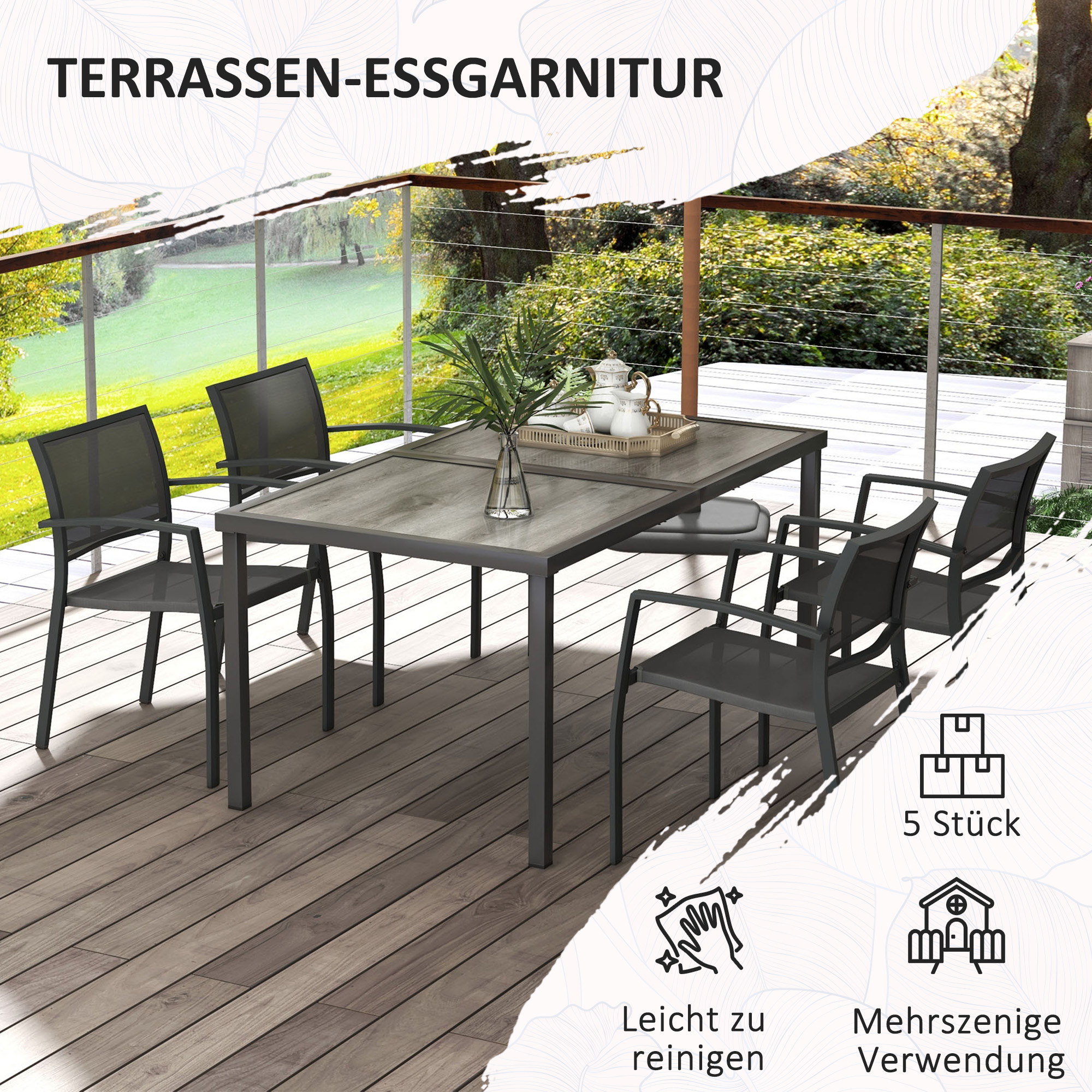 Gartenmöbel-Set Gartensitzgruppe, 1 Tisch, 4 Stühle, 150 x 87 x 72 cm, Grau