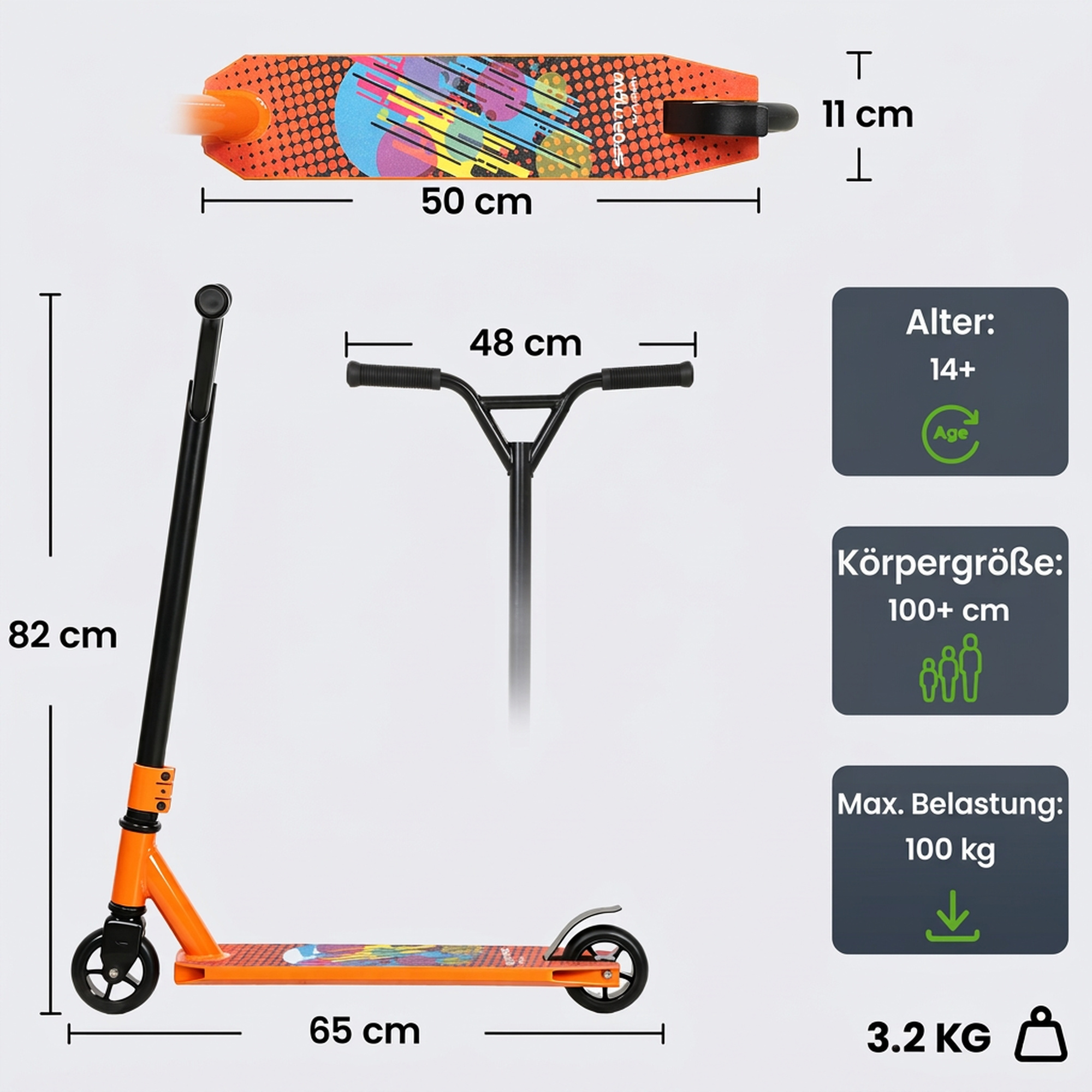 Stunt-Scooter für Erwachsene & Jugendliche, Trick-Scooter mit 100 mm PU-Rollen, 360° Stahl-Y-Lenker, Aluminium-Deck, ABEC-7, Orange