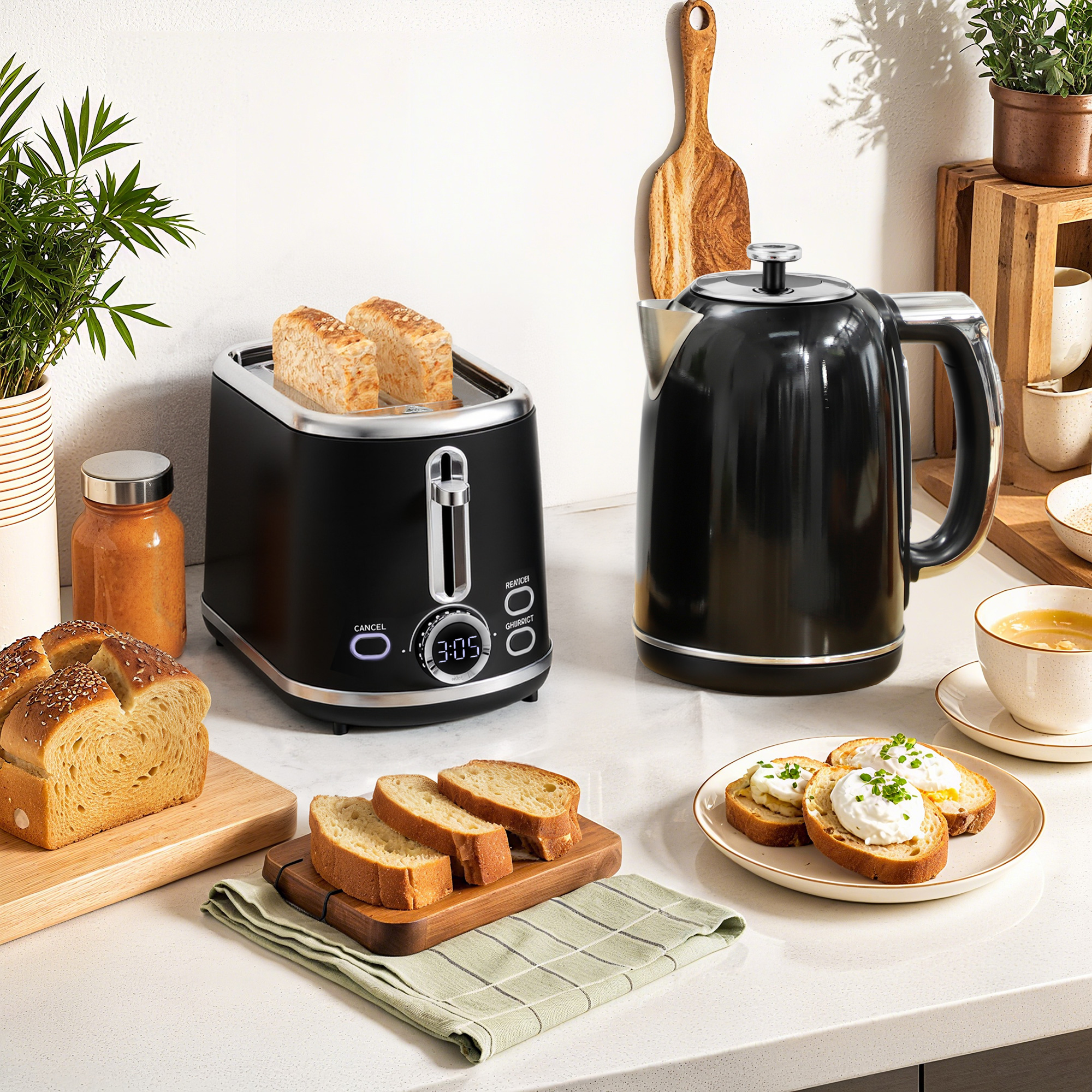 Wasserkocher- und Toaster-Set, LED-Anzeige, 1,7 Liter, 2200W, Retro-Design, Memory-Funktion, Schwarz