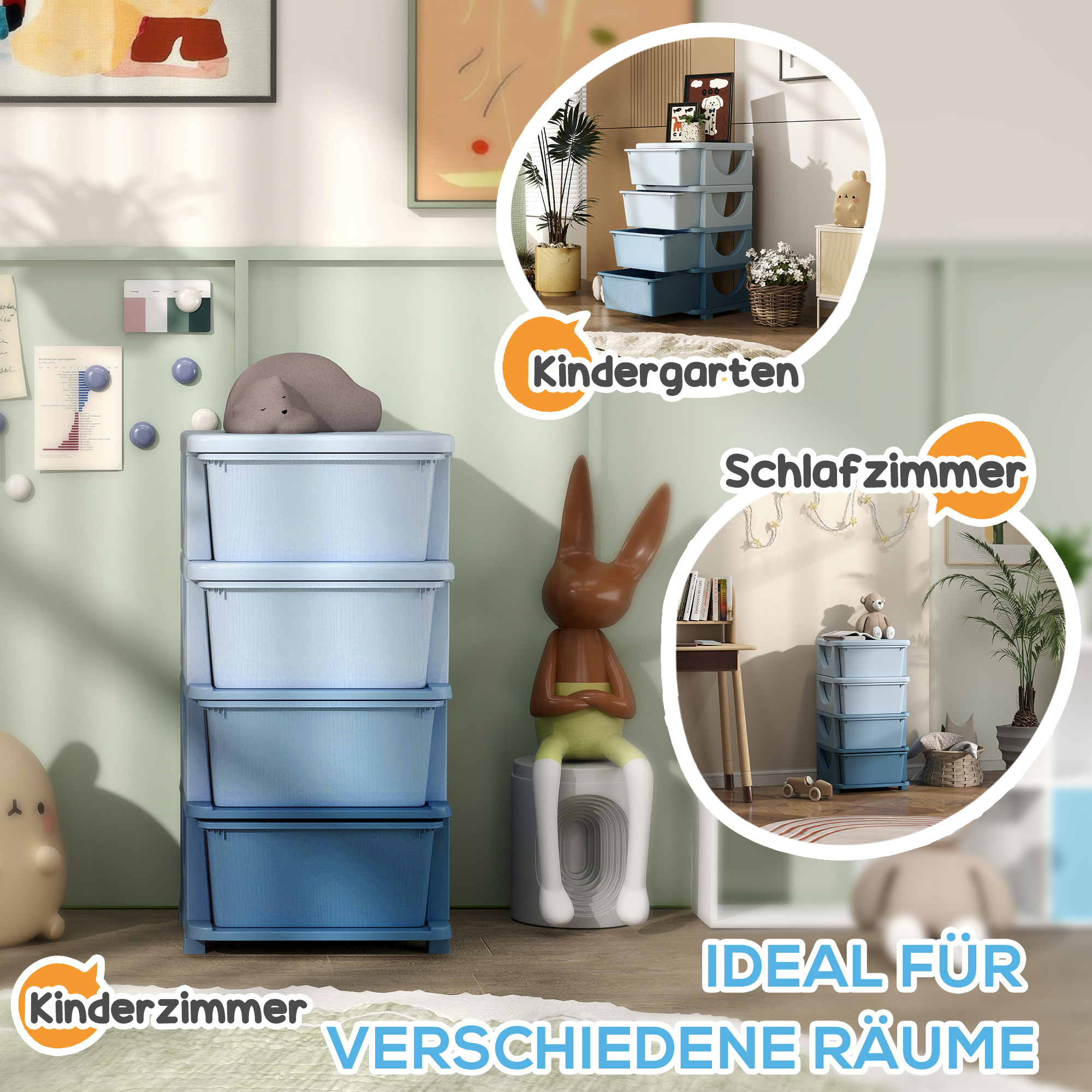 Aufbewahrungsboxen für Kinder, 4 Schubladen, abgerundete Kanten, erhöhtes Design, Kunststoff, Blau
