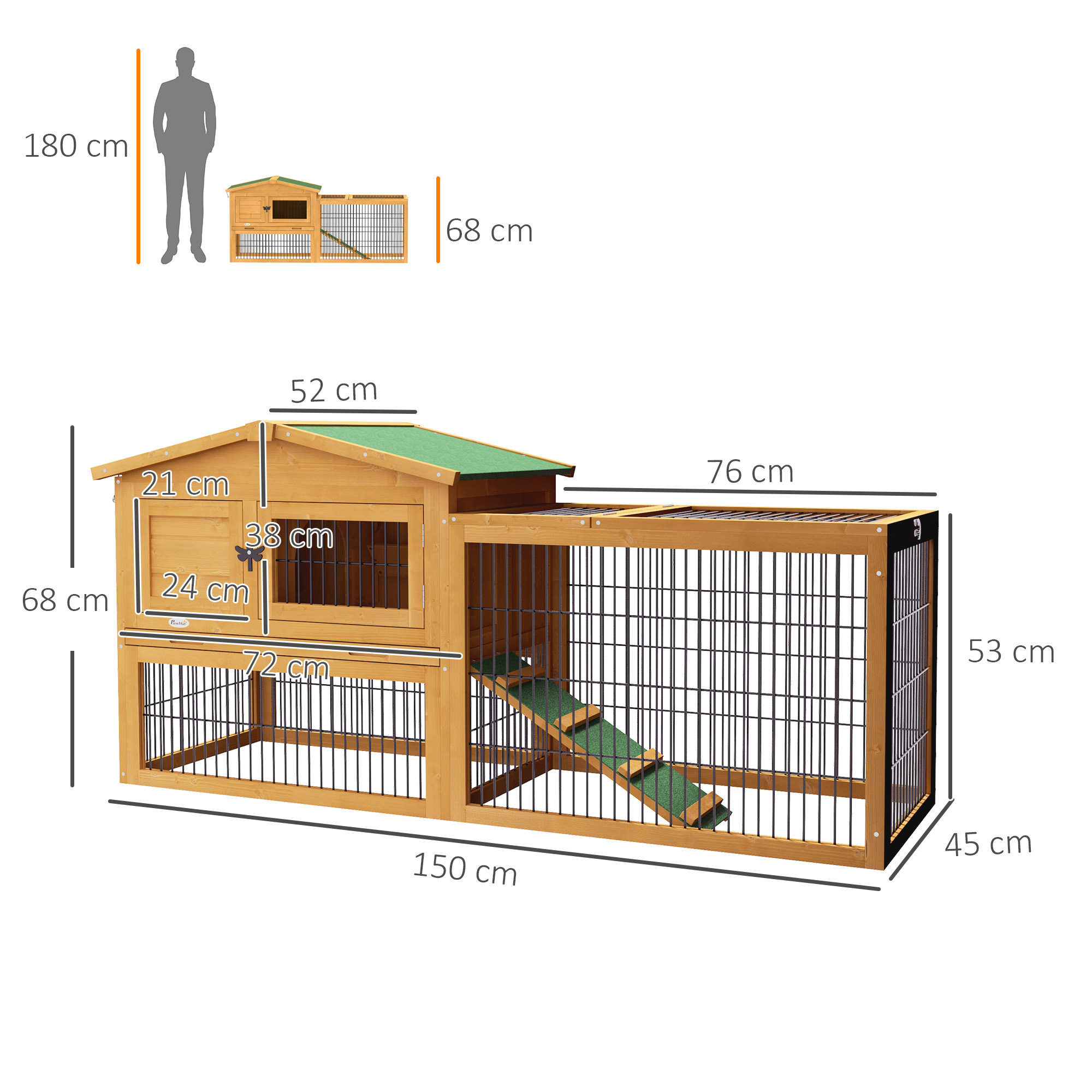 Hasenstall 2 Ebenen Kaninchenstall Tannenholz Winterfest Doppelstockhaus mit Freilaufgehege Rampe 150x52x68 cm Gelb