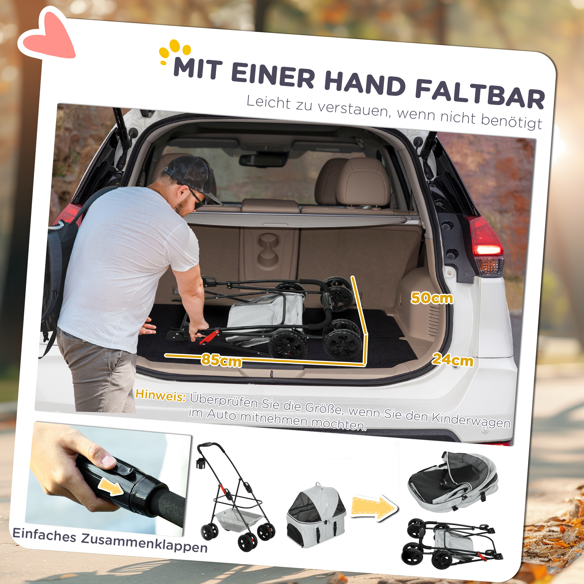 3-in-1-Haustierkinderwagen, zusammenklappbarer Hundewagen mit 4 Rädern und abnehmbarer Trage für Hunde und Katzen, Grau