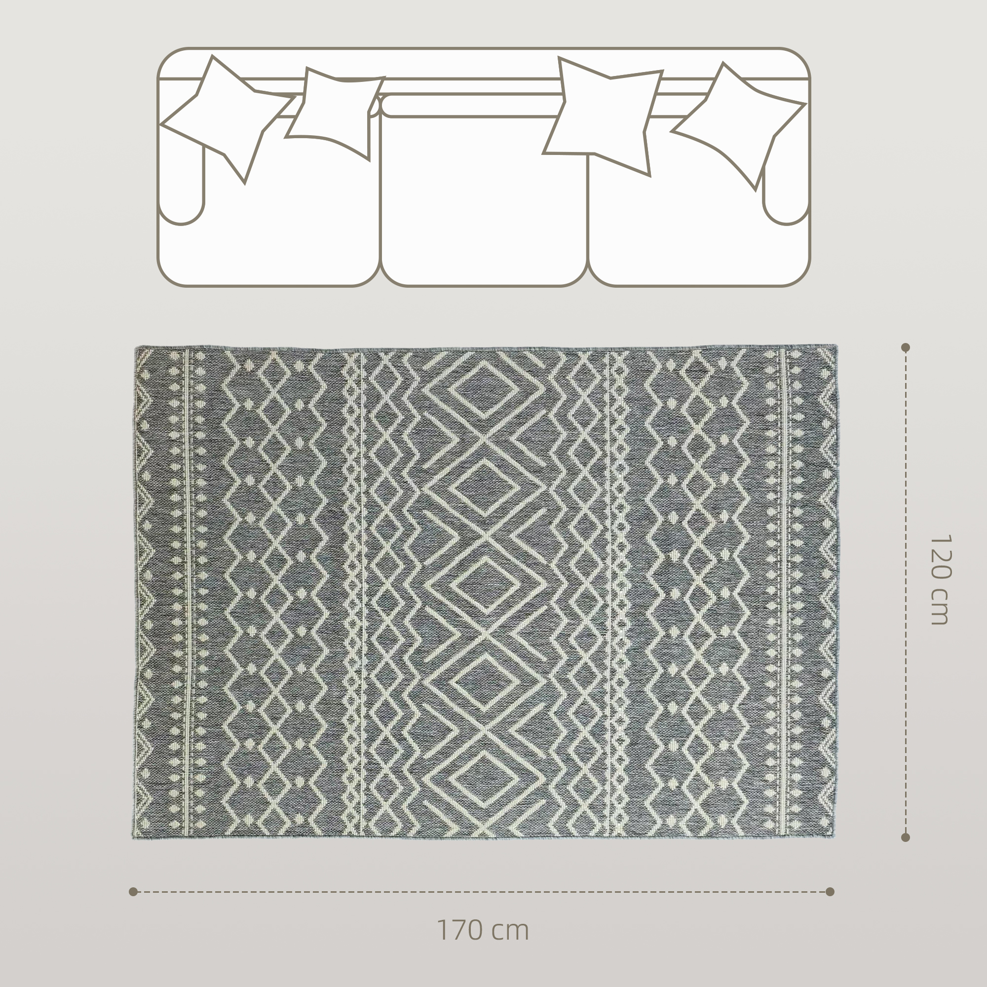 Teppich für drinnen und draußen, Boho-Design, leicht zu reinigen, Grau