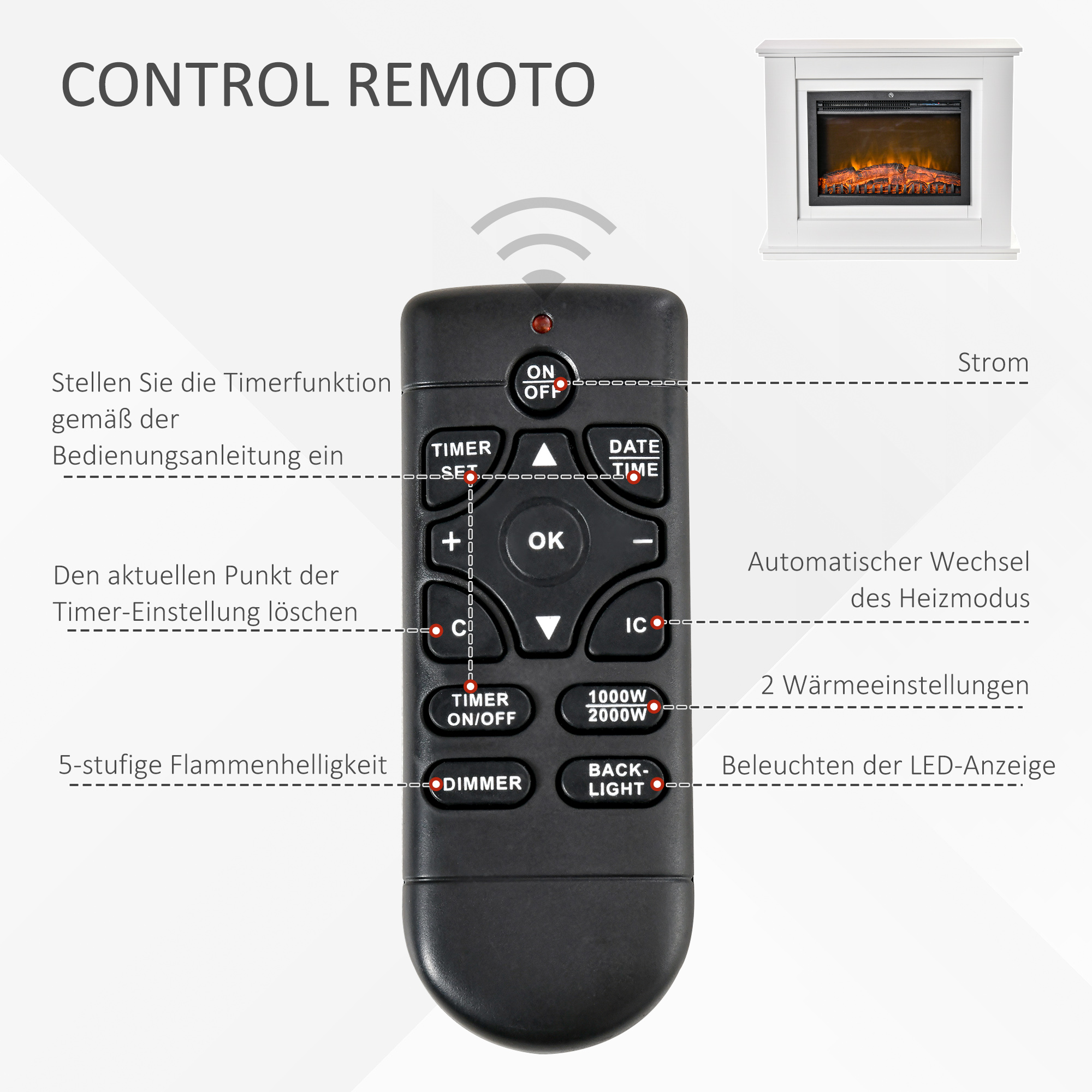 Elektrischer Kamin, 3D LED-Flammen, Fernbedienung, Timer, MDF, Weiß