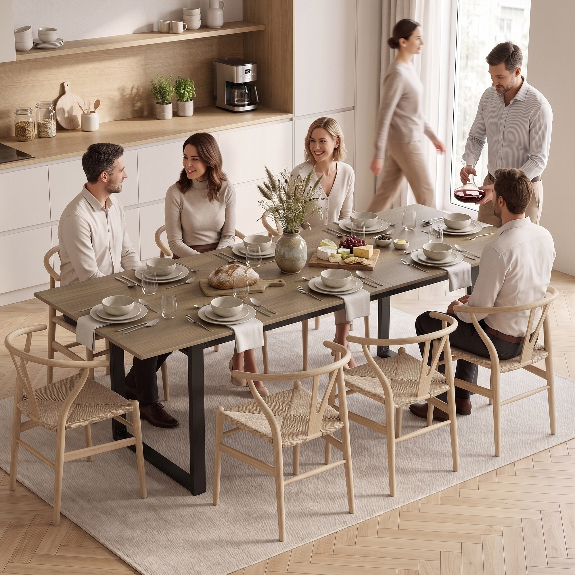 ausziehbarer Esstisch 140-180 cm für 6-8 Personen, rechteckig im Industrial-Design mit Stahlgestell, Braun