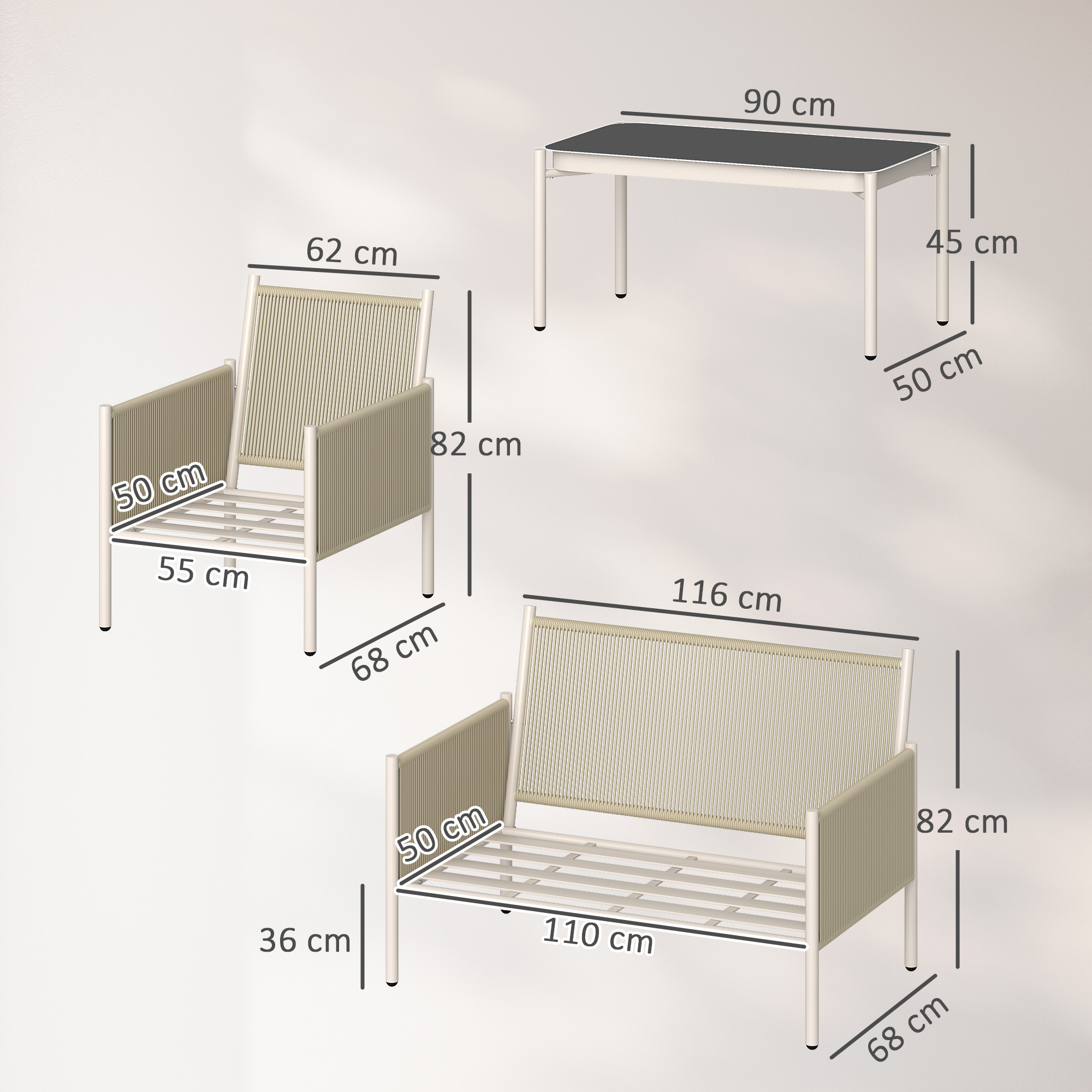Gartenmöbel Set aus Polyrattan Lounge-Set mit 2er Sofa Sessel Glastisch Kissen 4 Personen Braun+Grau