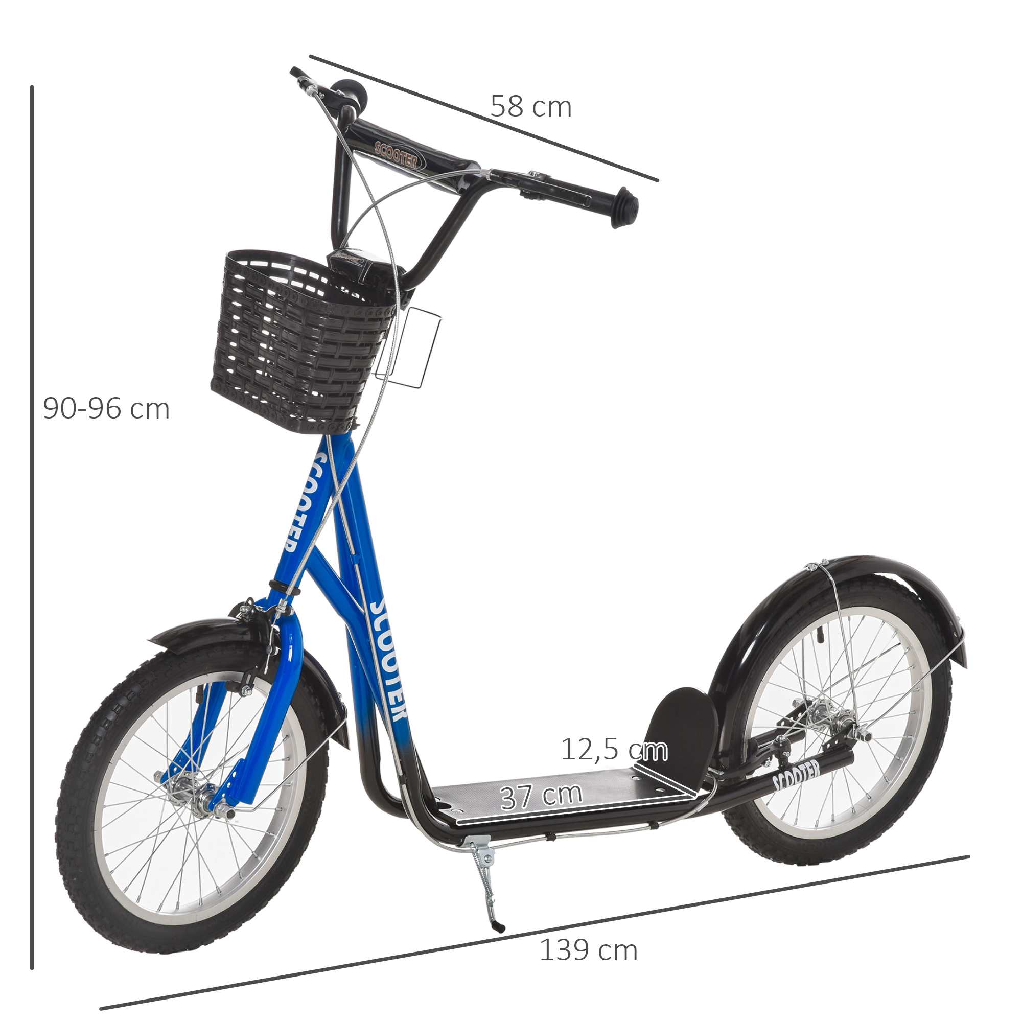 Kinderroller, Scooter mit Bremse, inkl, Korb, höhenverstellbar, für Kinder 5-12 J,, blau+schwarz