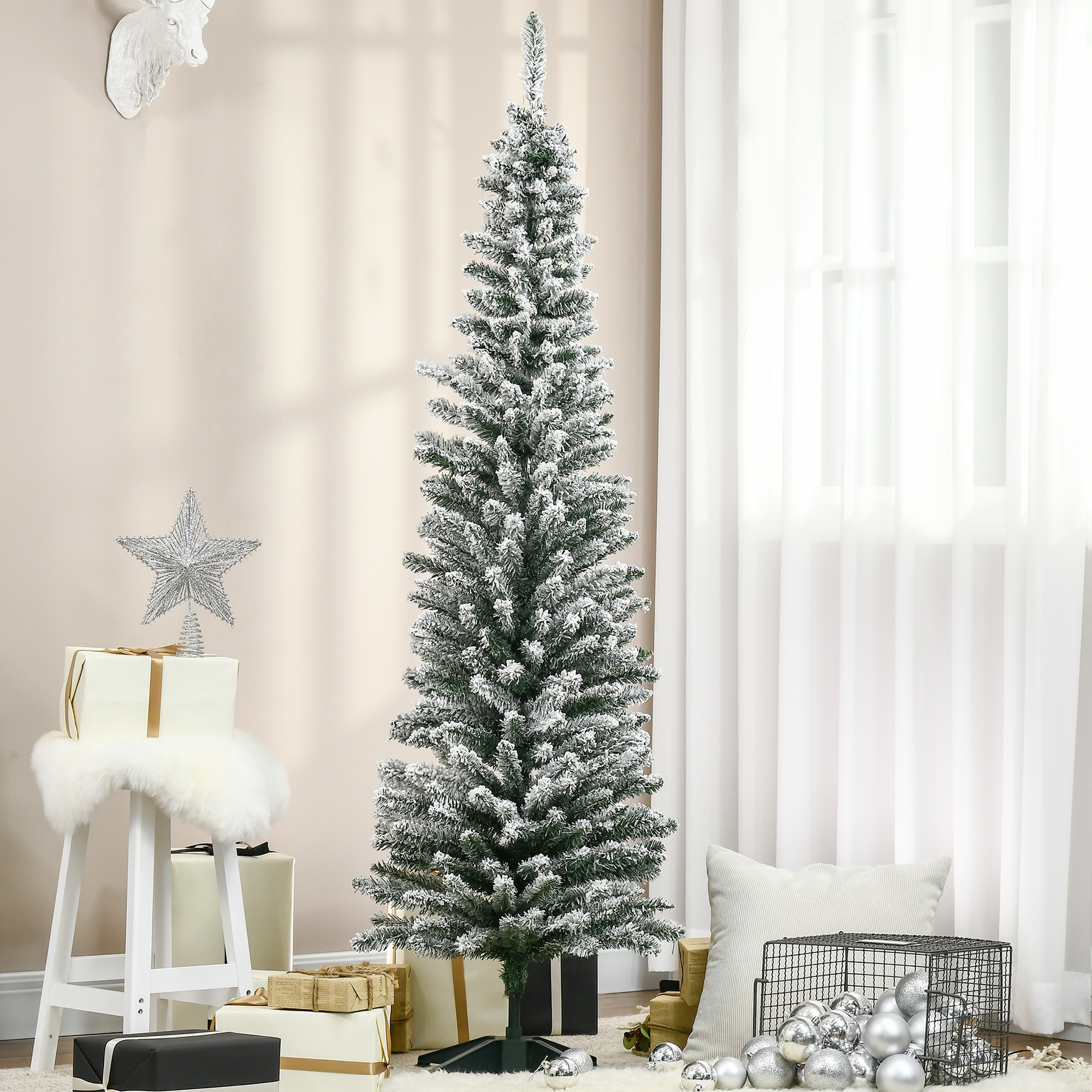 Künstlicher Weihnachtsbaum, 210 cm, beschneite PVC-Zweige, klappbar, Metallständer, Grün/Weiß