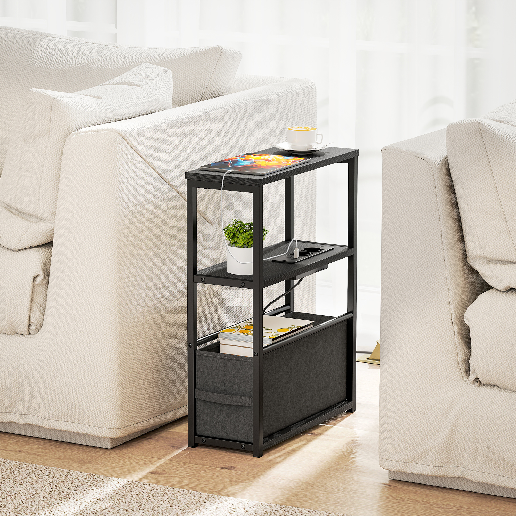 Beistelltisch Sofatisch mit Steckdosenleiste, Ablage, für Kleine Räume, 45x18x60,2cm, Schwarz